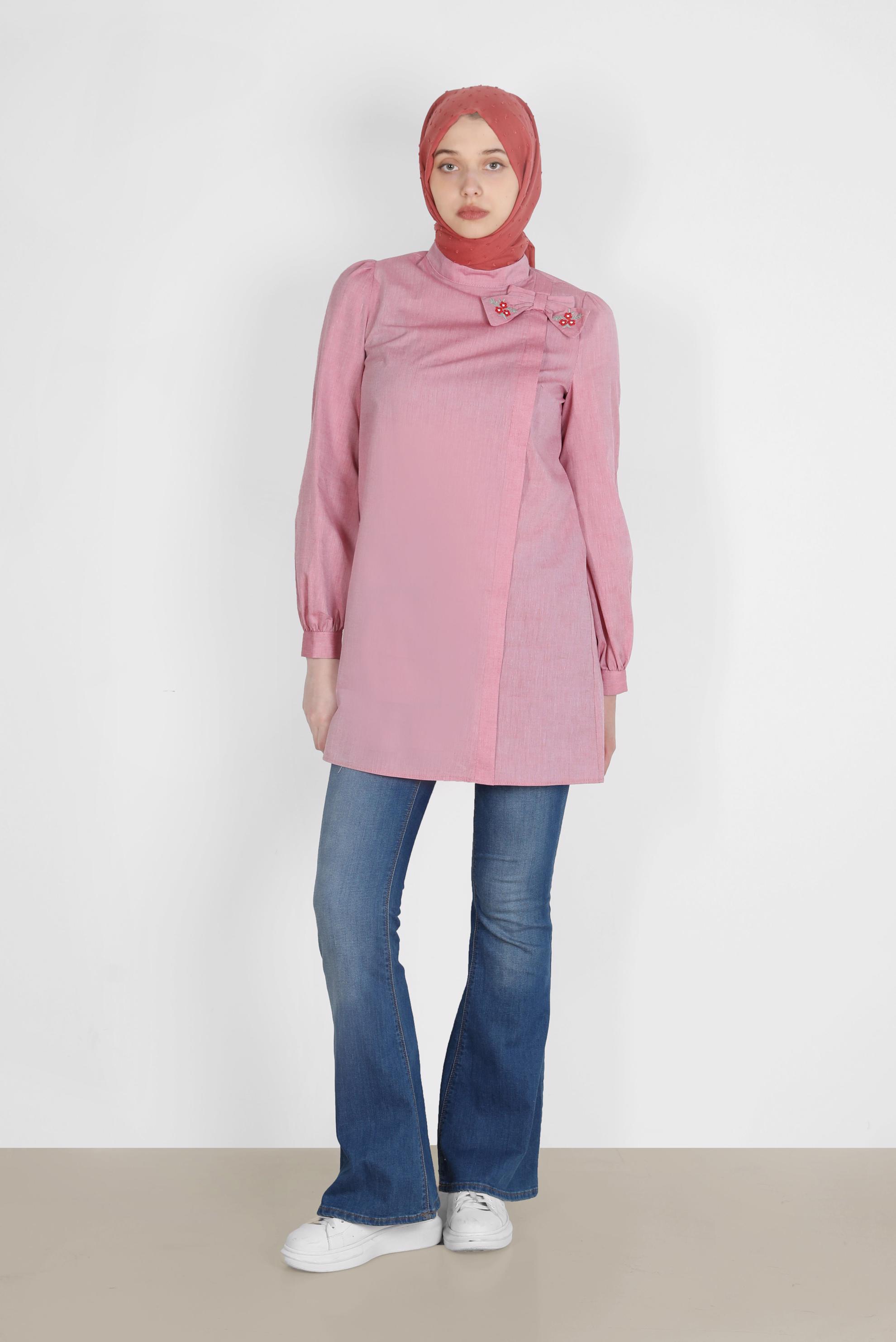 Tesettür giyim KIRMIZI NAKIŞLI FİYONK DETAYLI TUNİK 42780 