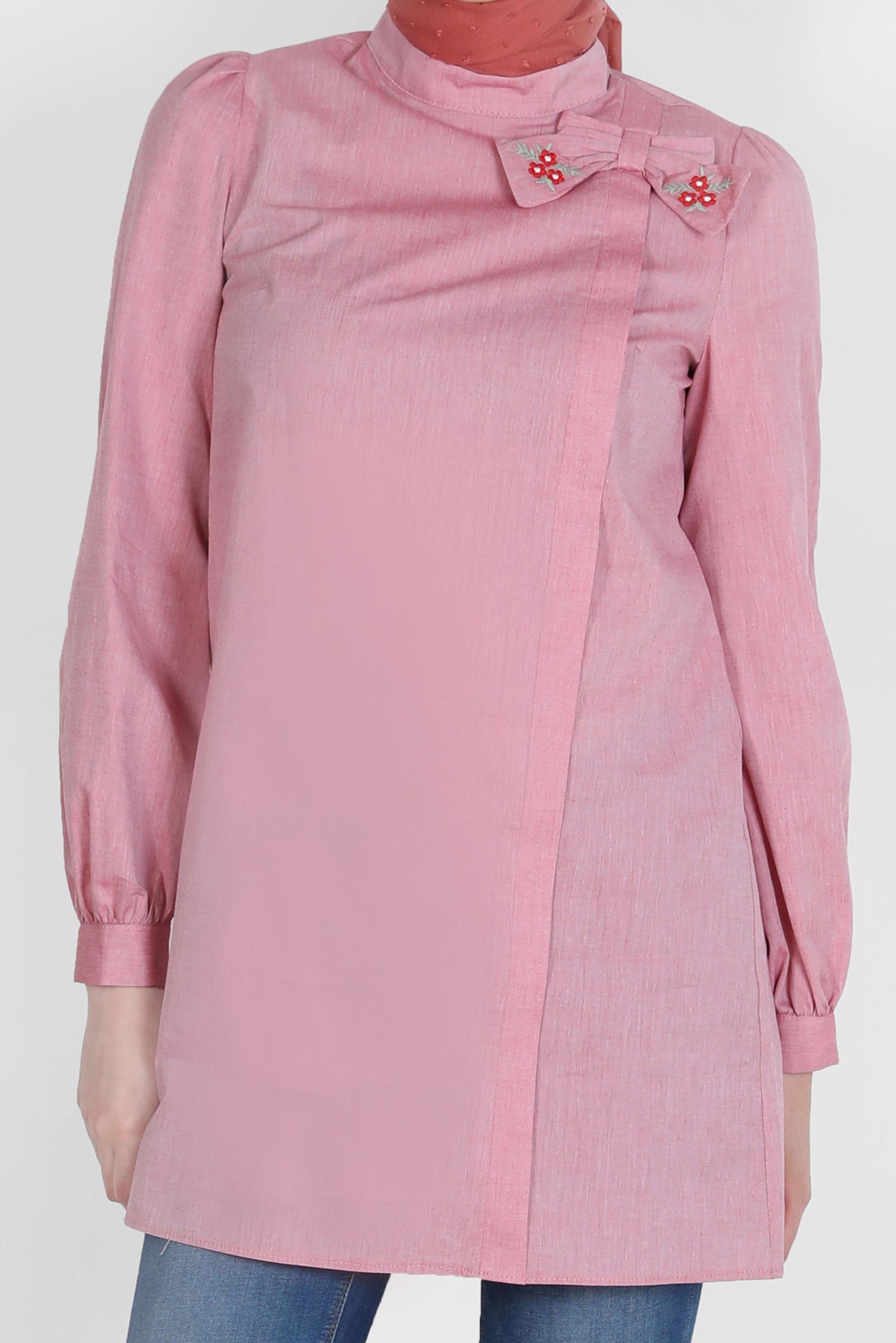 Tesettür giyim KIRMIZI NAKIŞLI FİYONK DETAYLI TUNİK 42780 