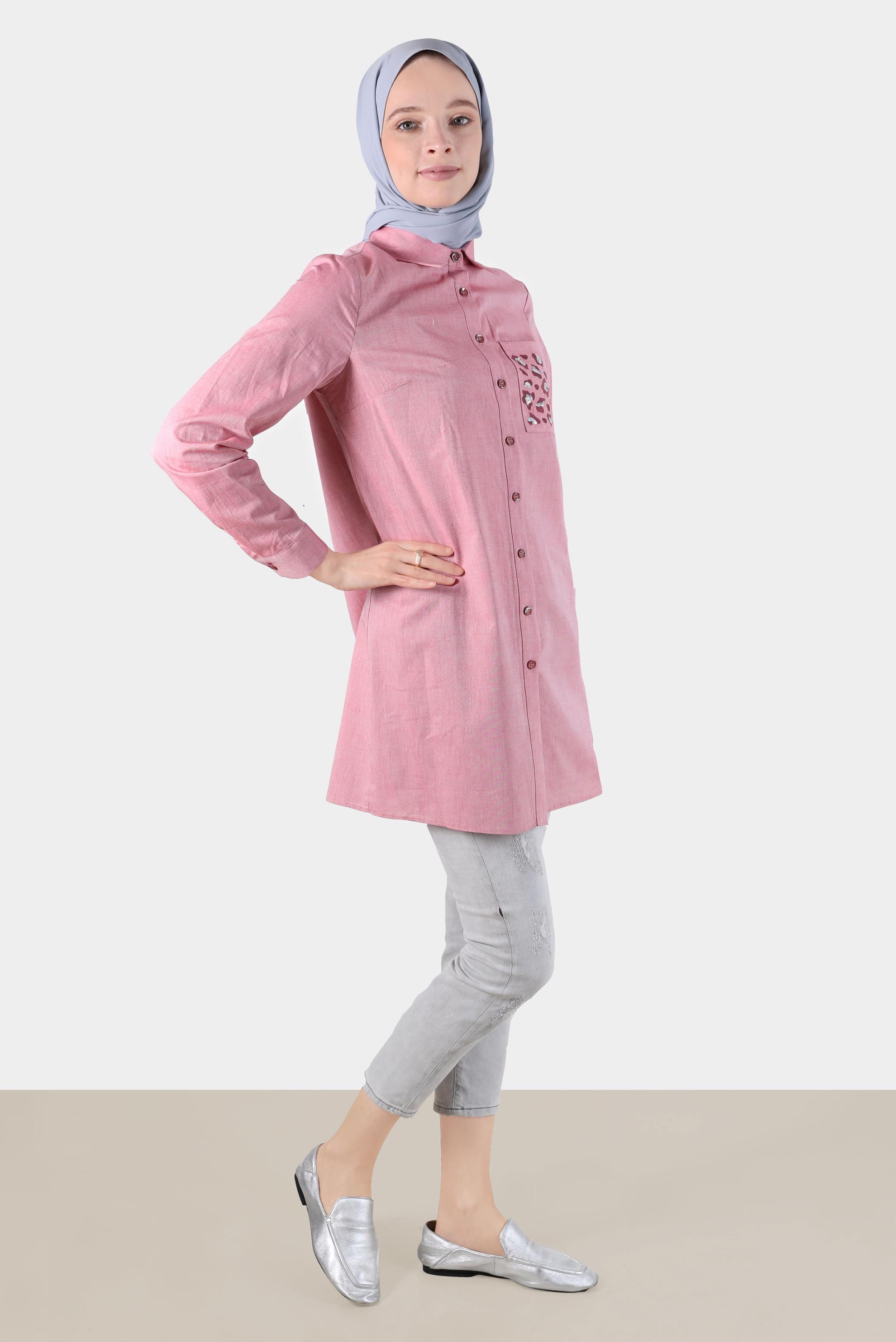 Tesettür giyim KIRMIZI CEBİ LEOPAR DESENLİ PAMUKLU TUNİK 42783