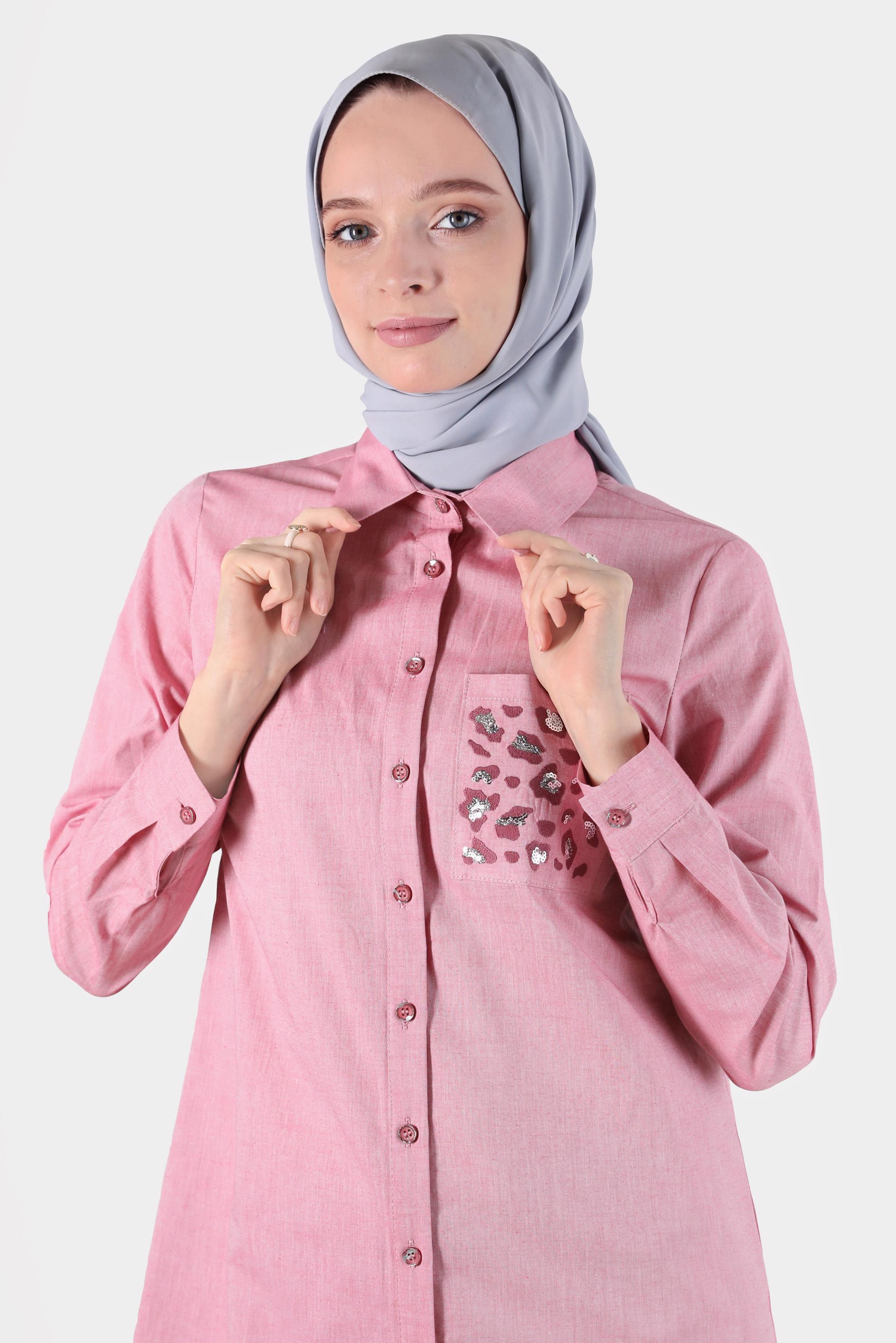 Tesettür giyim KIRMIZI CEBİ LEOPAR DESENLİ PAMUKLU TUNİK 42783