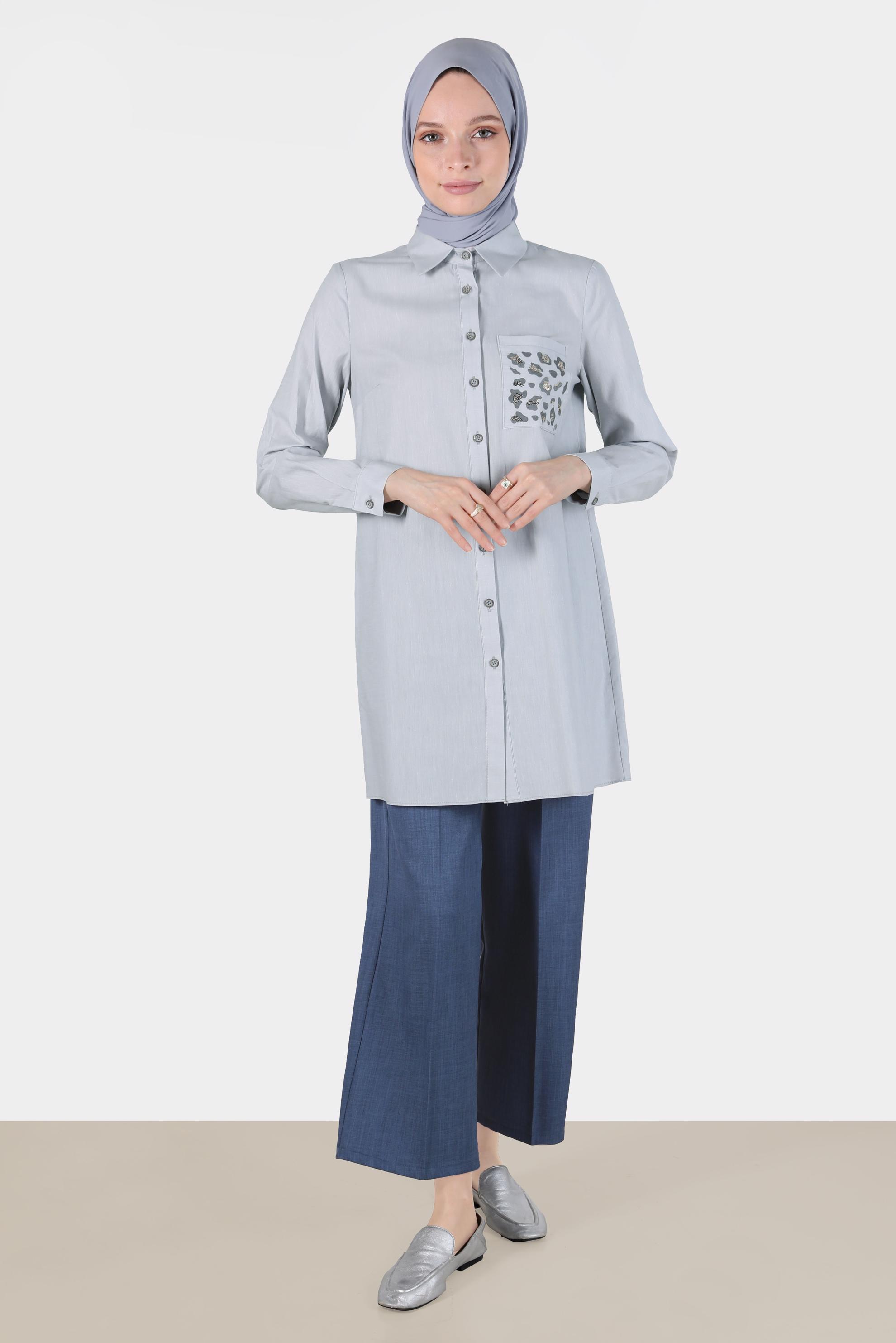 Tesettür giyim GRİ CEBİ LEOPAR DESENLİ PAMUKLU TUNİK 42783