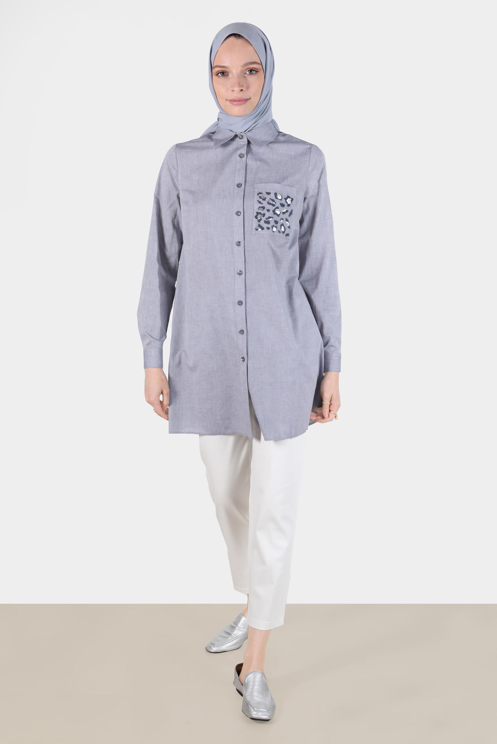 Tesettür giyim LACİVERT CEBİ LEOPAR DESENLİ PAMUKLU TUNİK 42783