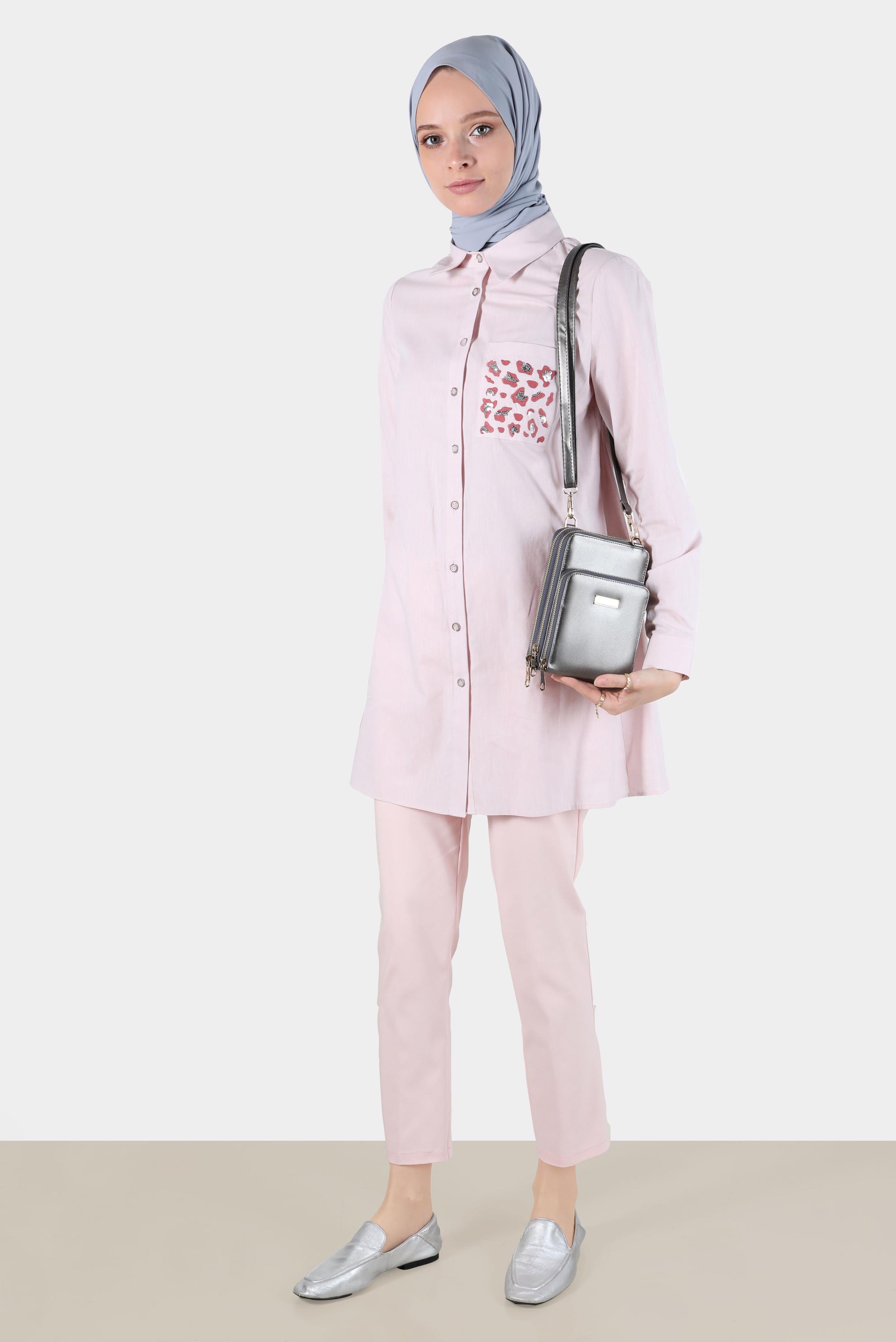 Tesettür giyim PUDRA CEBİ LEOPAR DESENLİ PAMUKLU TUNİK 42783