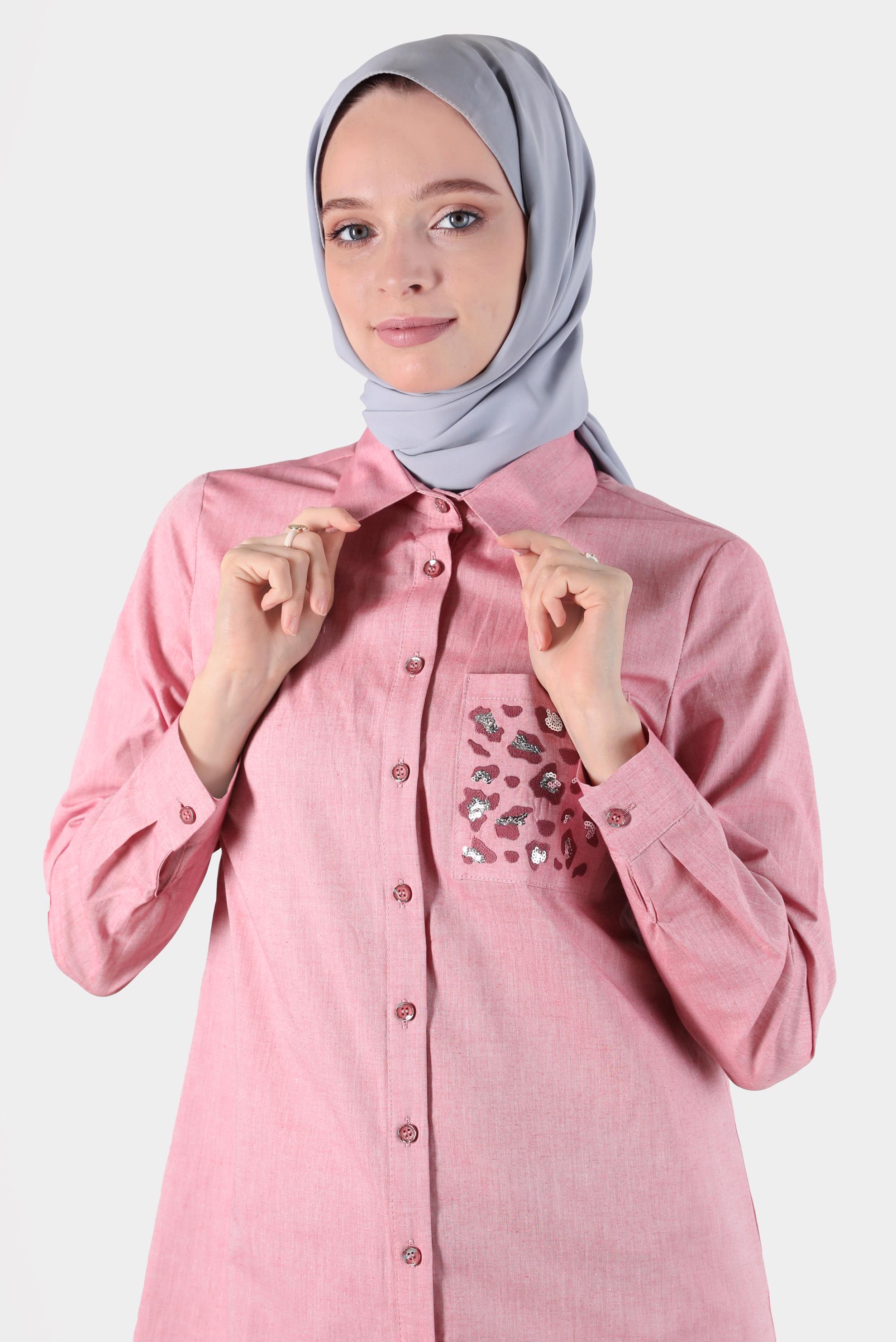 Tesettür giyim KIRMIZI CEBİ LEOPAR DESENLİ PAMUKLU TUNİK 42783