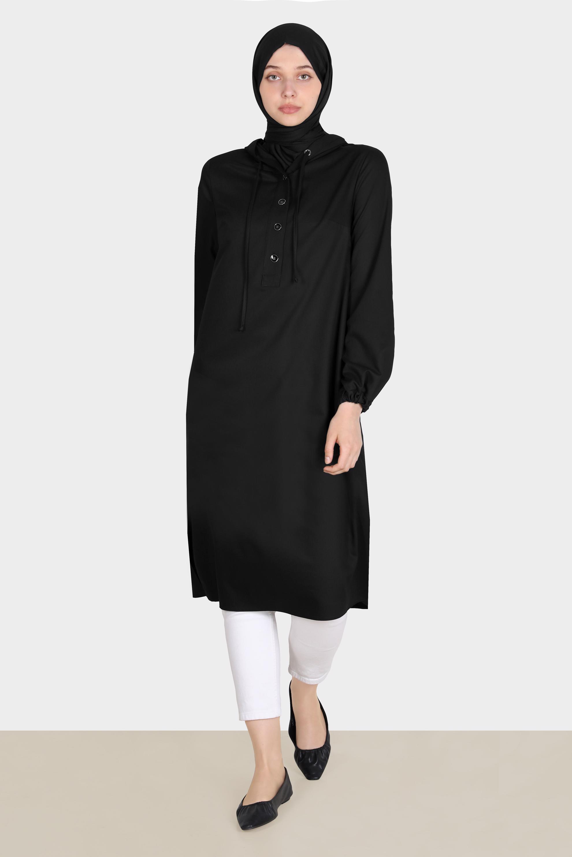 Tesettür giyim SİYAH DÜĞMELİ KAPÜŞONLU TUNİK 42784 