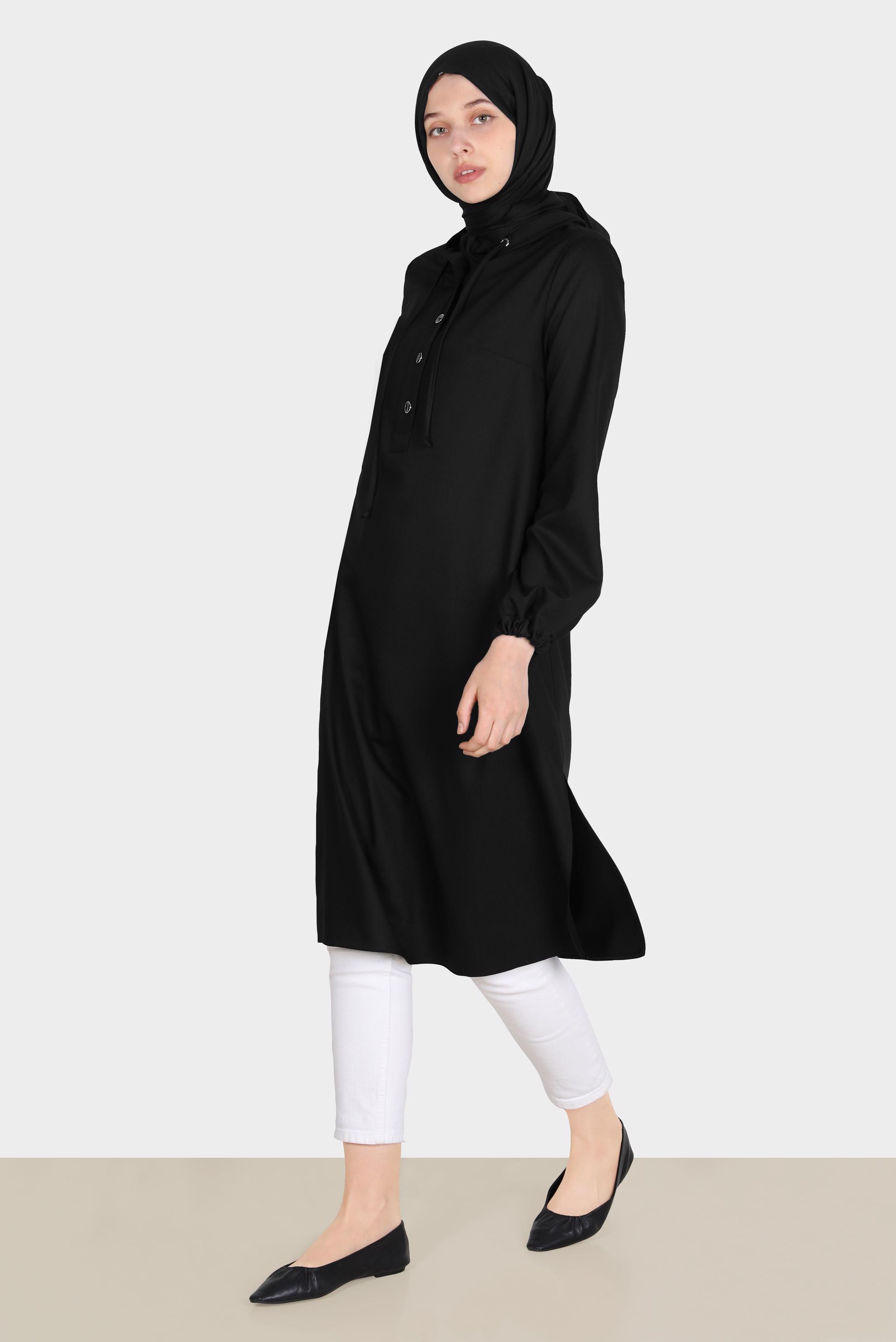 Tesettür giyim SİYAH DÜĞMELİ KAPÜŞONLU TUNİK 42784 
