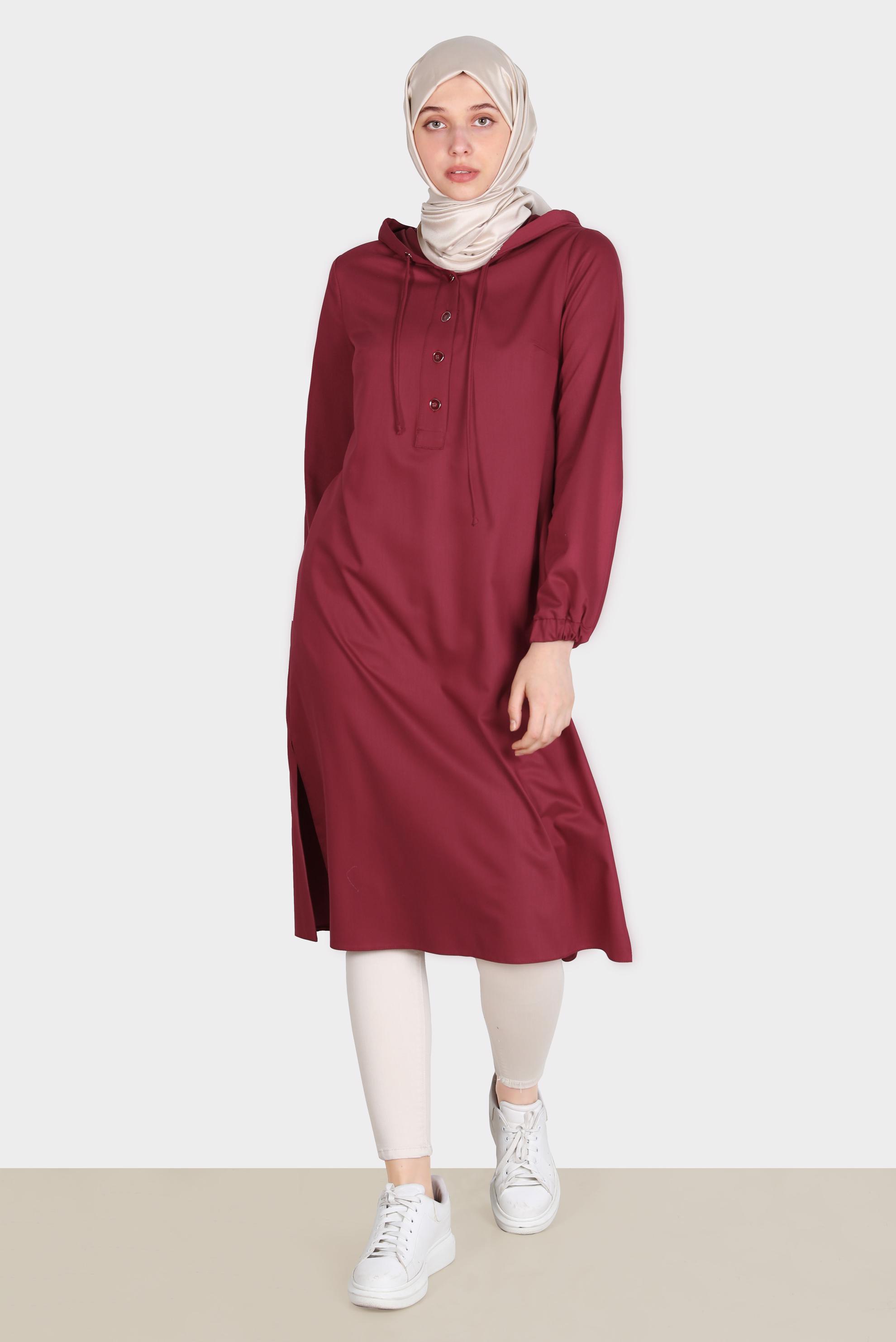 Tesettür giyim BORDO DÜĞMELİ KAPÜŞONLU TUNİK 42784 
