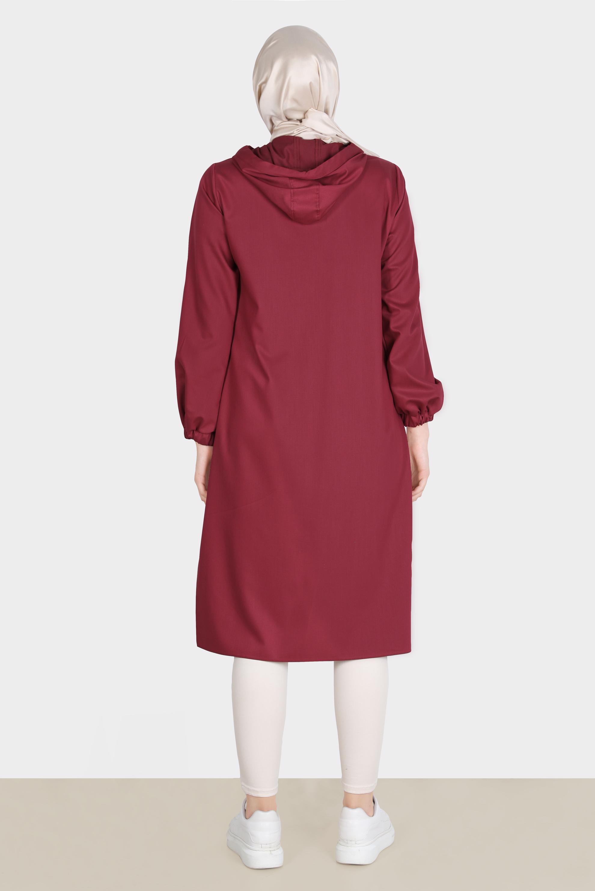 Tesettür giyim BORDO DÜĞMELİ KAPÜŞONLU TUNİK 42784 