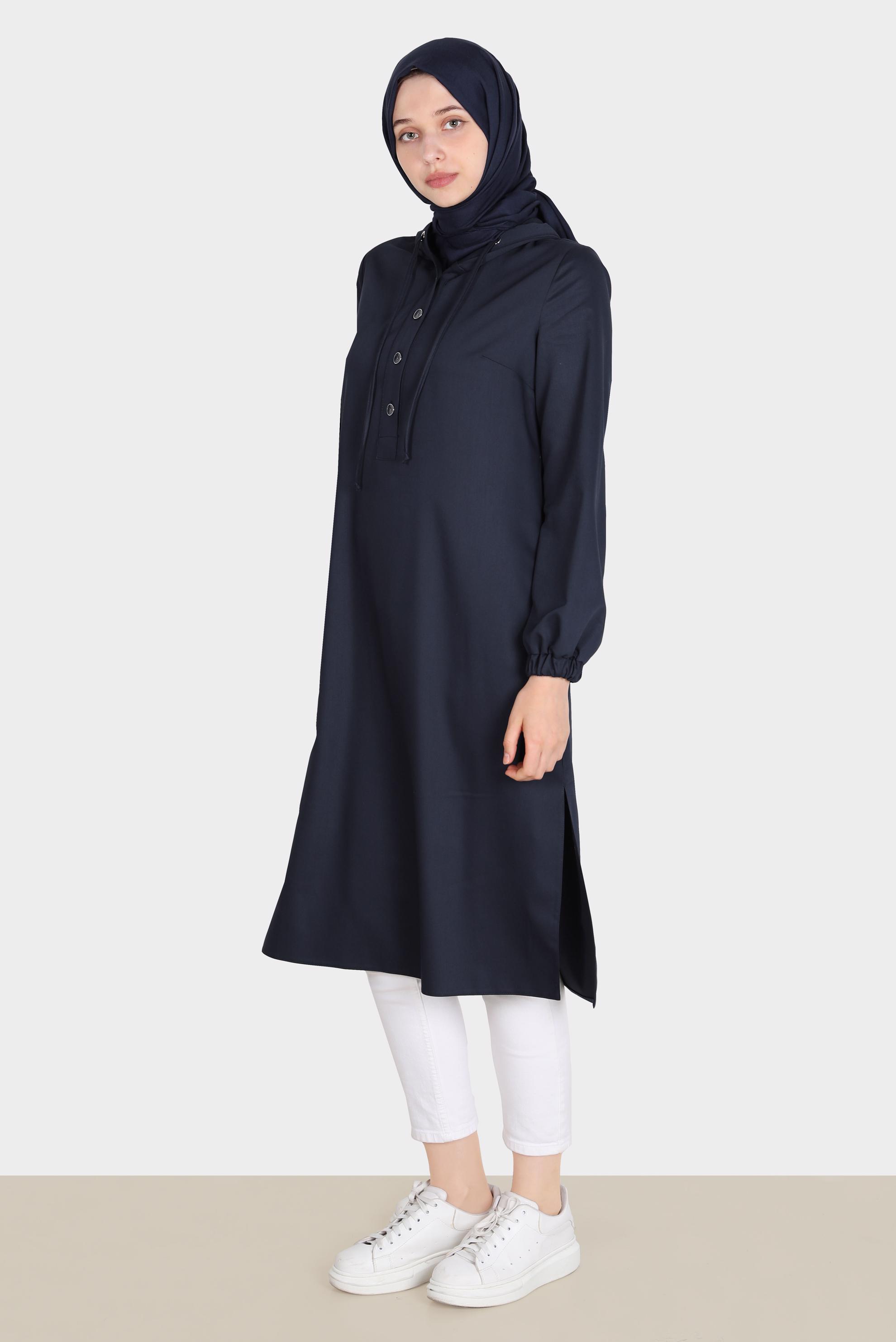 Tesettür giyim LACİVERT DÜĞMELİ KAPÜŞONLU TUNİK 42784 