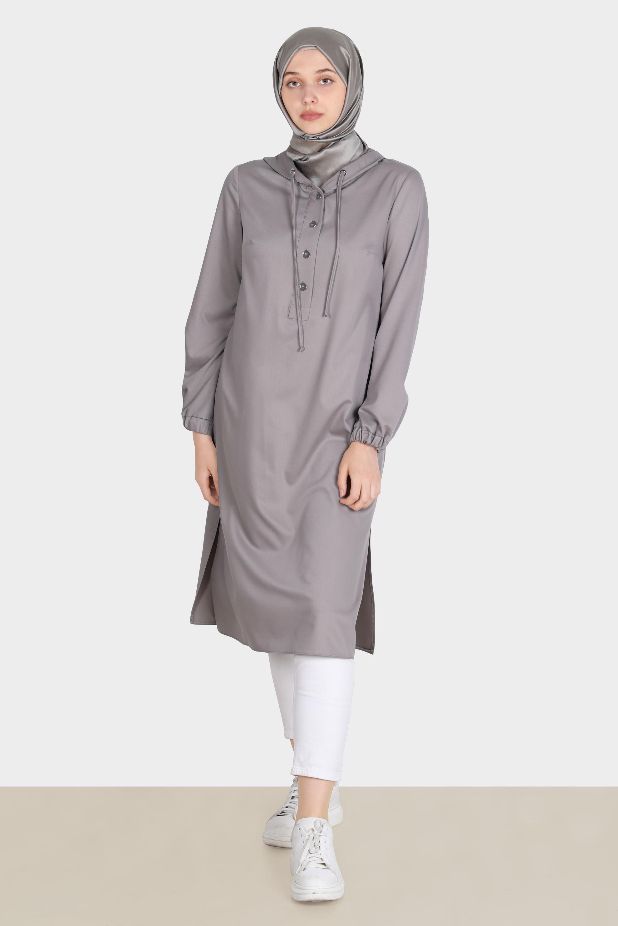 Tesettür giyim KAHVE DÜĞMELİ KAPÜŞONLU TUNİK 42784 