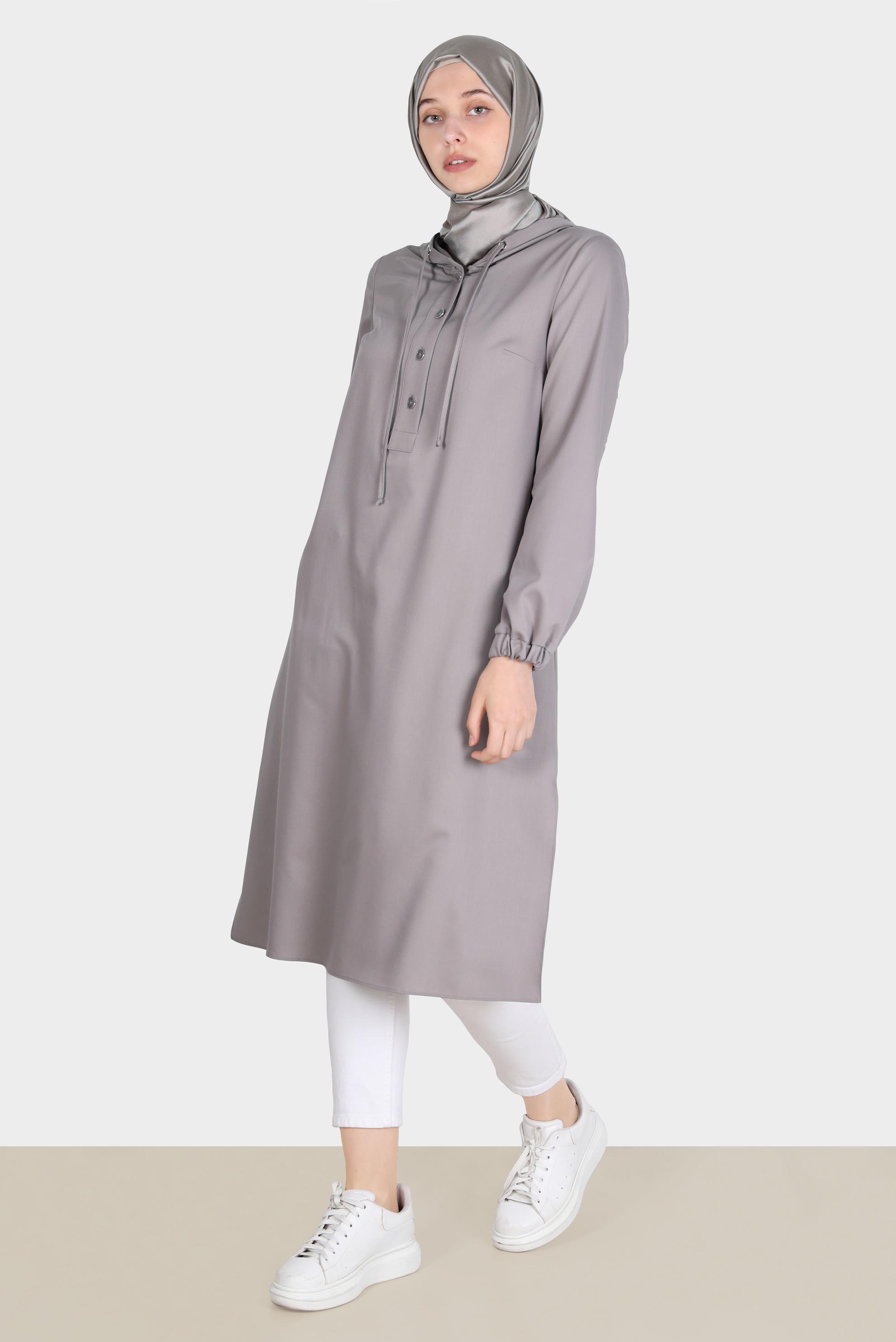 Tesettür giyim KAHVE DÜĞMELİ KAPÜŞONLU TUNİK 42784 