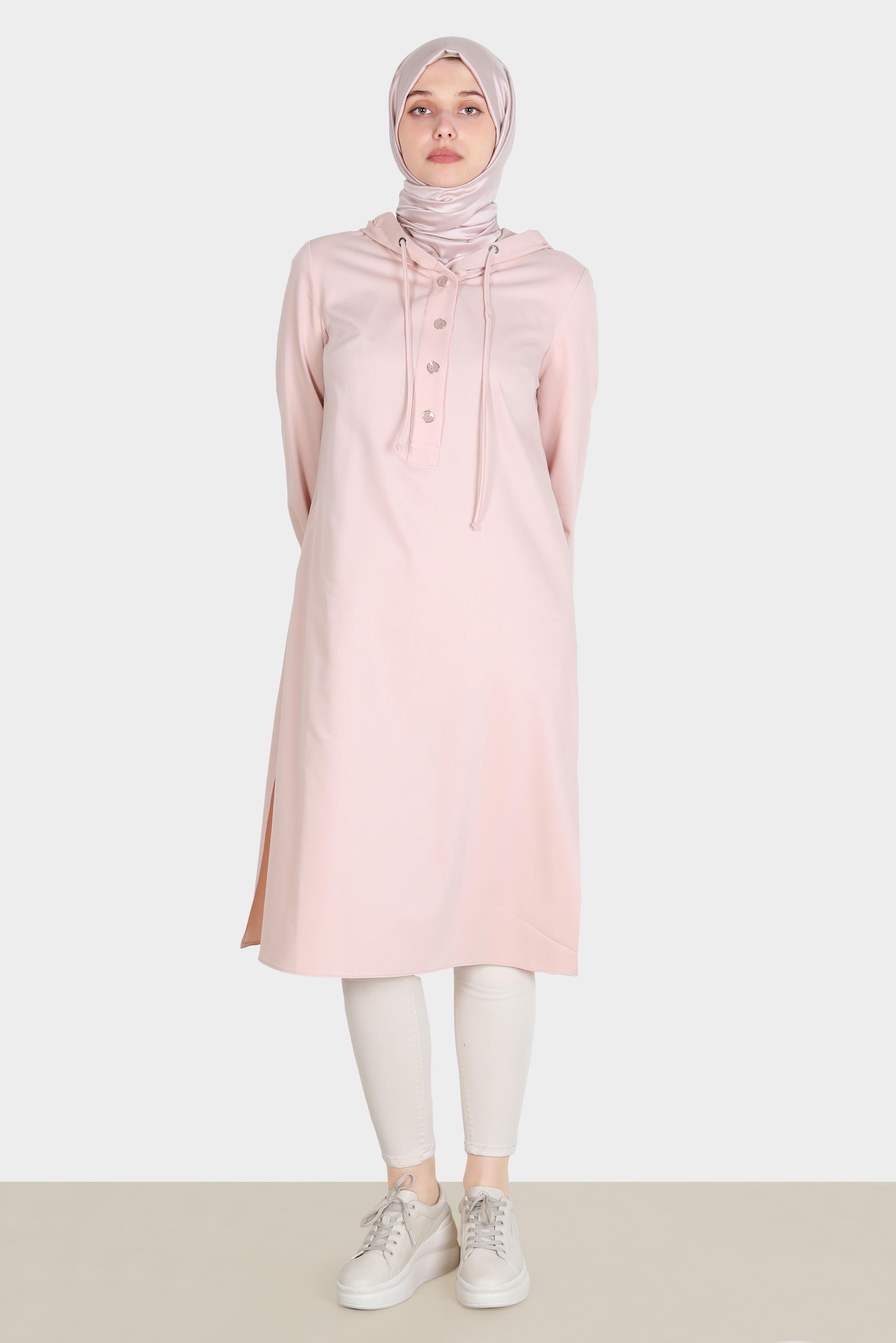 Tesettür giyim PUDRA DÜĞMELİ KAPÜŞONLU TUNİK 42784 
