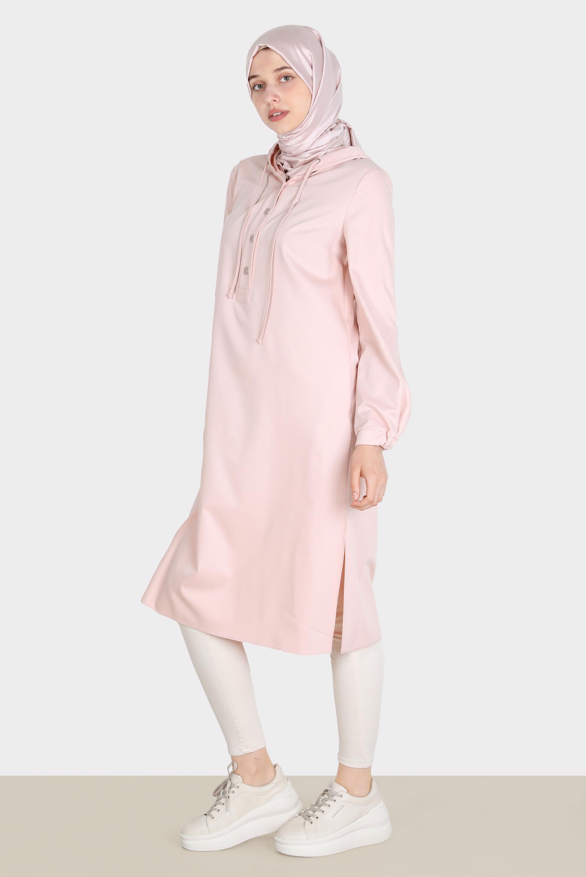Tesettür giyim PUDRA DÜĞMELİ KAPÜŞONLU TUNİK 42784 