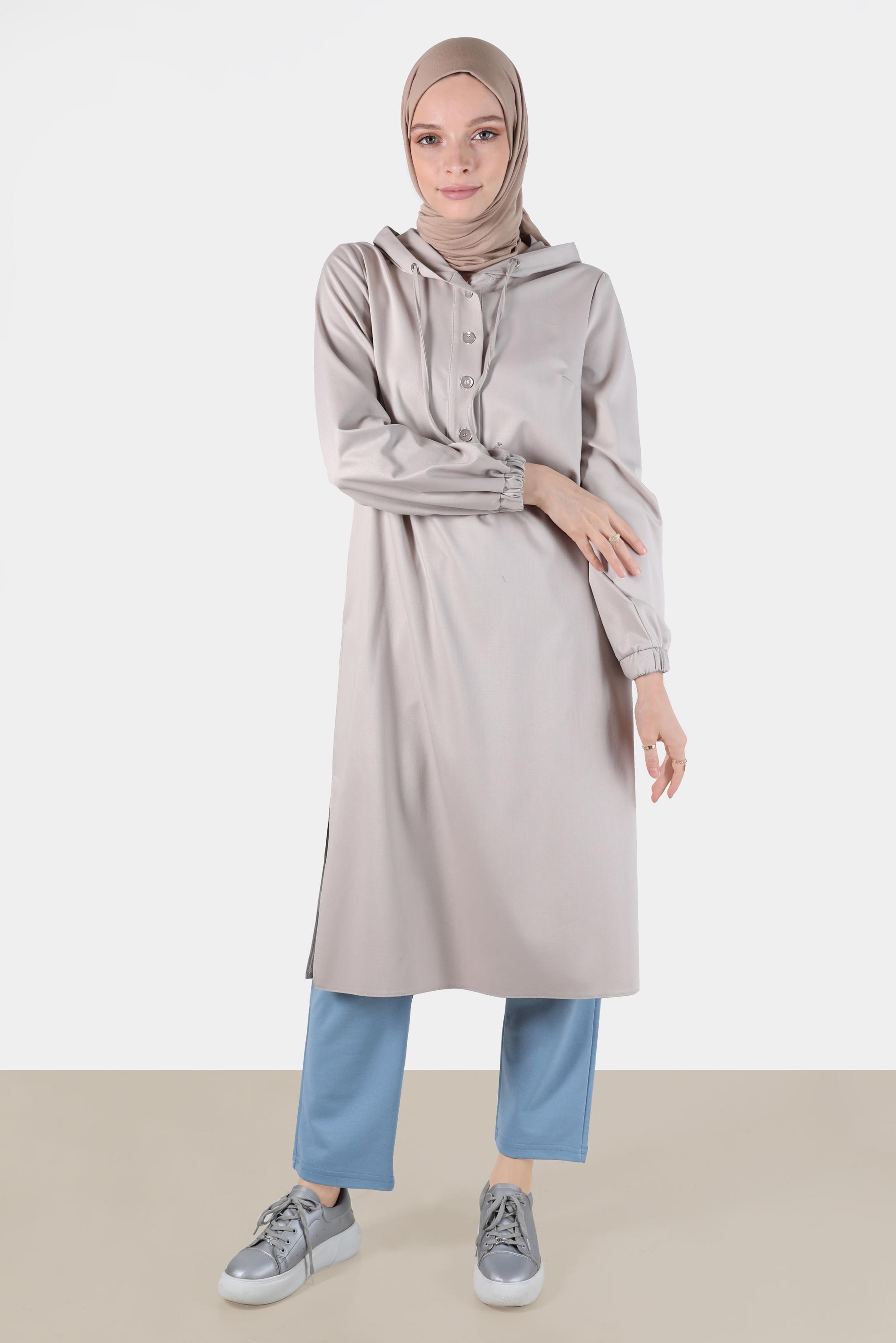 Tesettür giyim BEJ DÜĞMELİ KAPÜŞONLU TUNİK 42784 