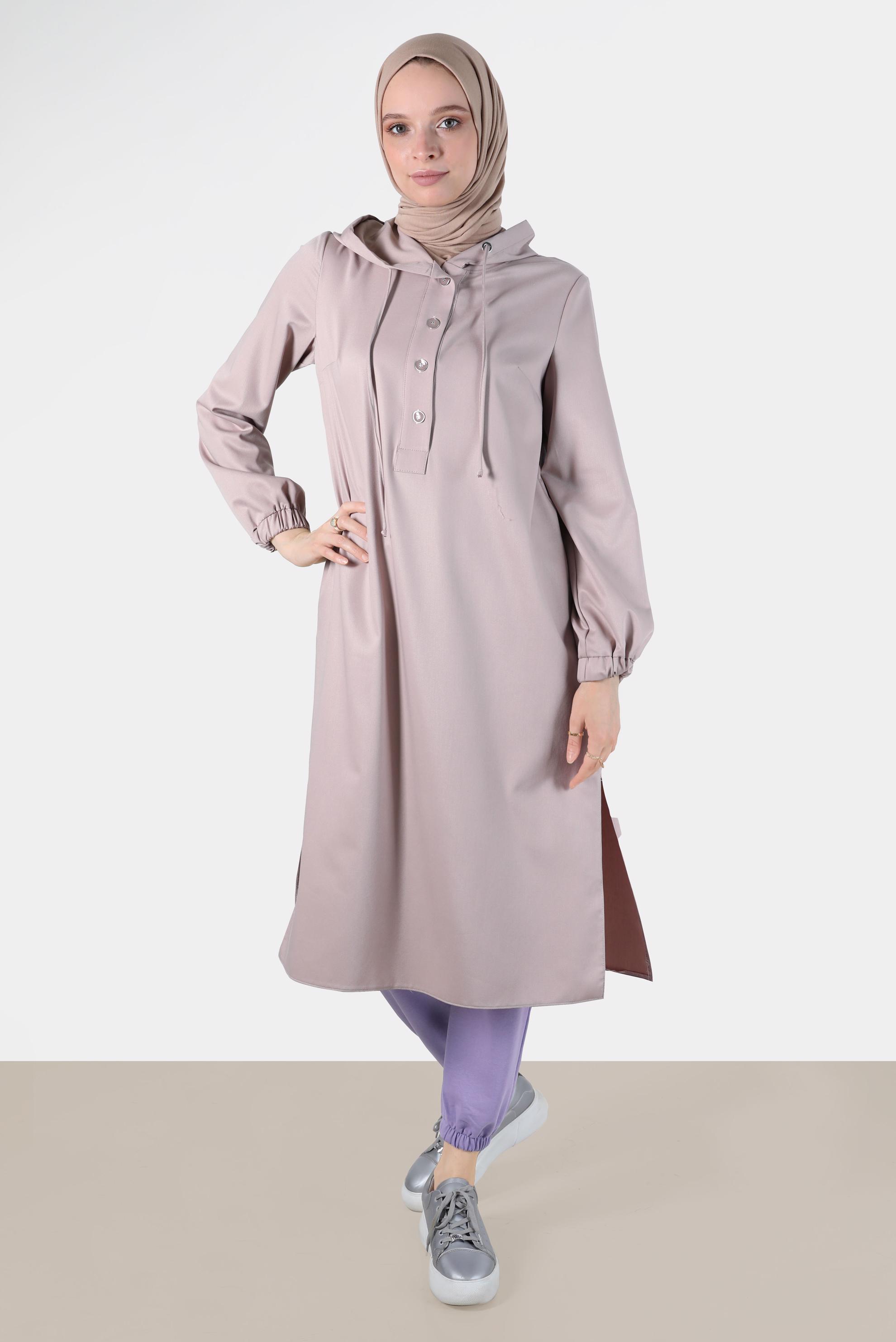 Tesettür giyim PEMBE DÜĞMELİ KAPÜŞONLU TUNİK 42784 