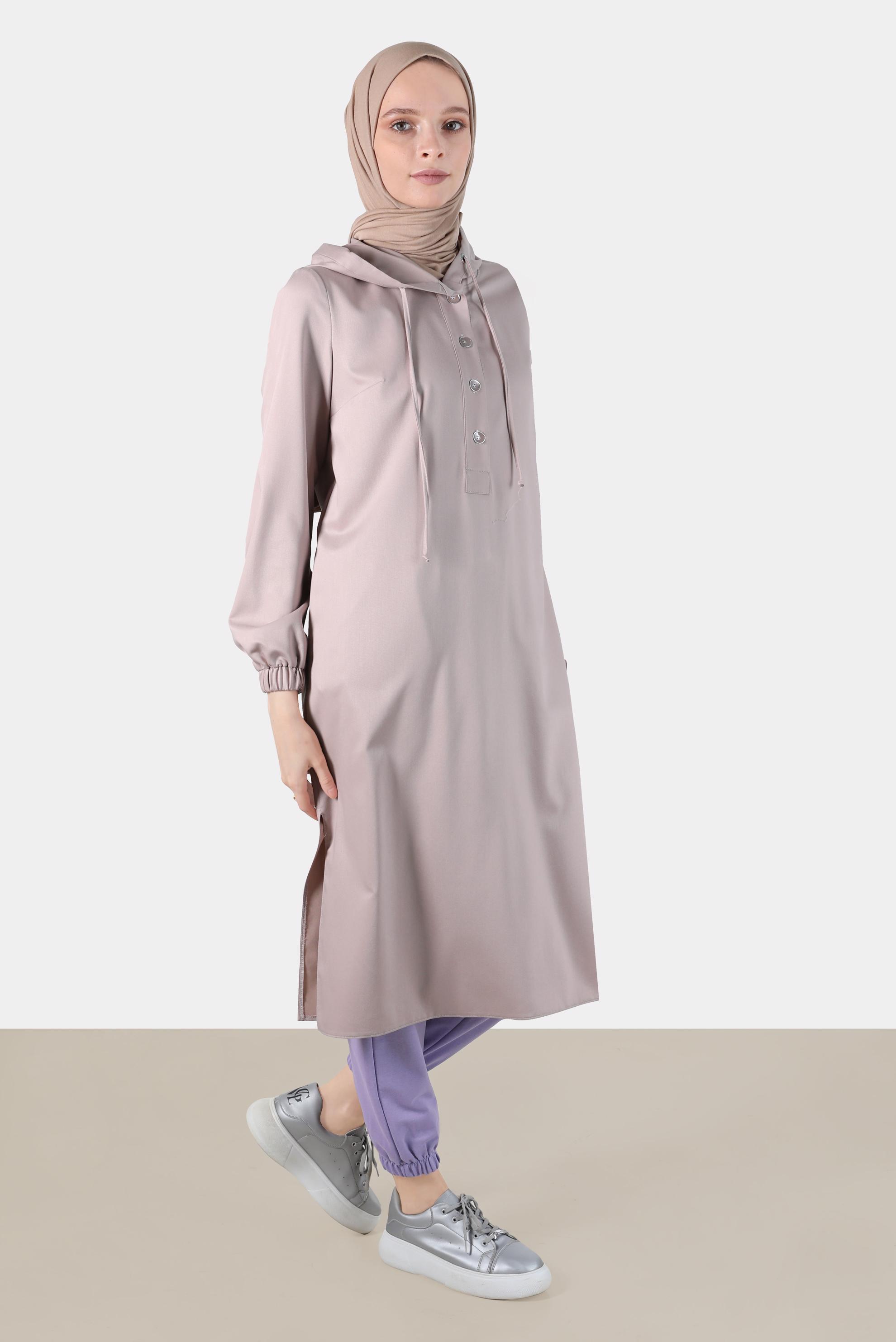 Tesettür giyim PEMBE DÜĞMELİ KAPÜŞONLU TUNİK 42784 