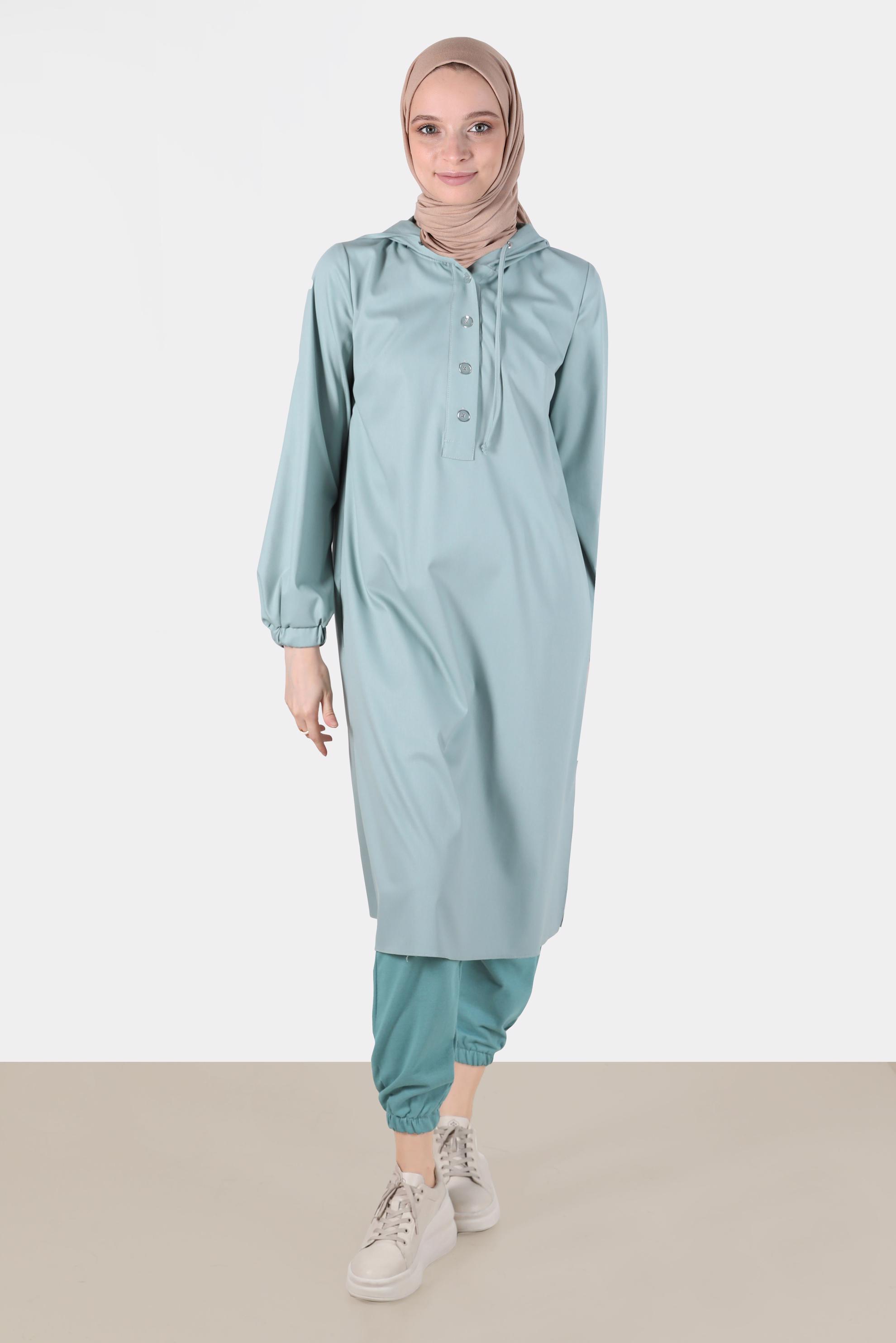 Tesettür giyim YEŞİL DÜĞMELİ KAPÜŞONLU TUNİK 42784 