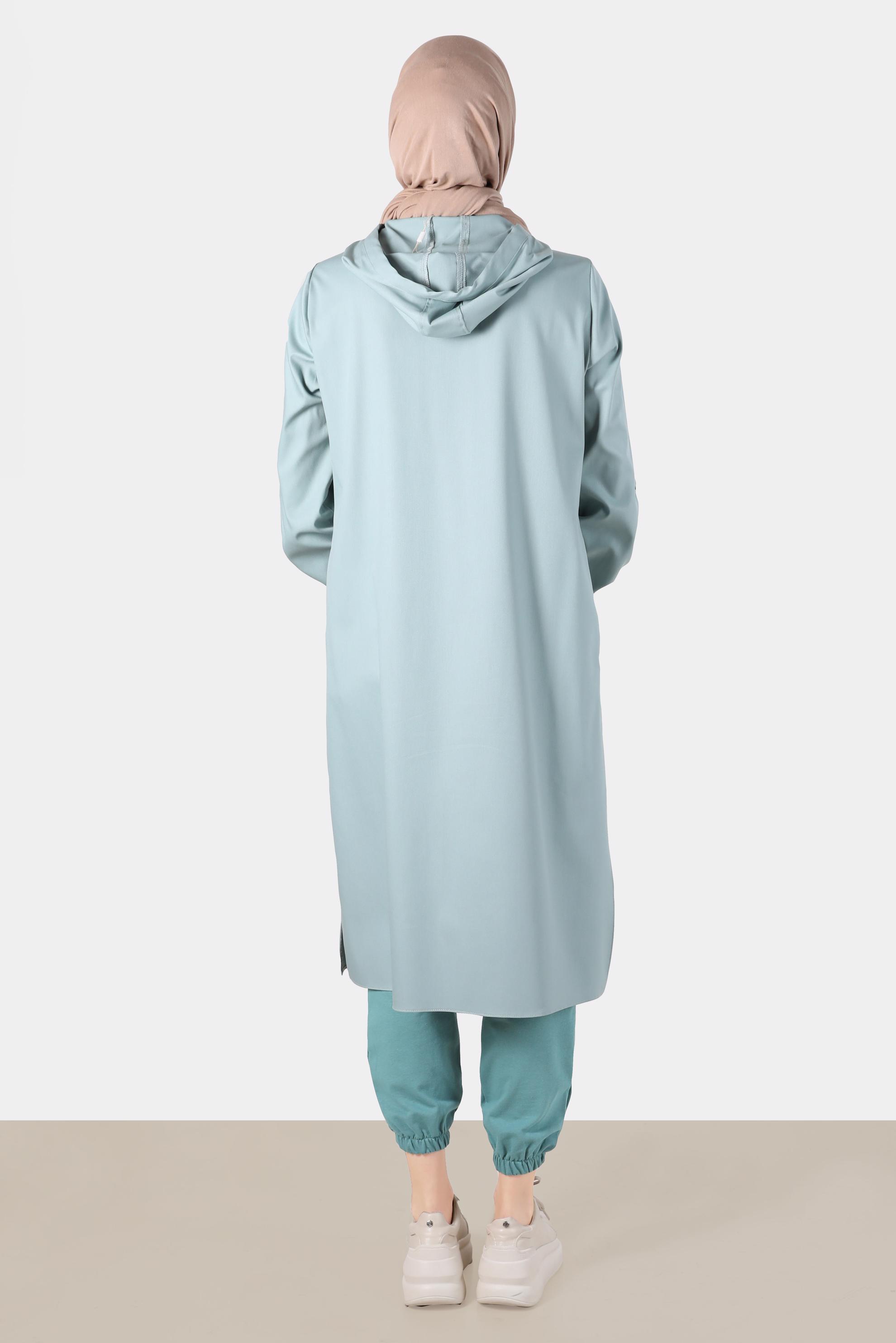 Tesettür giyim YEŞİL DÜĞMELİ KAPÜŞONLU TUNİK 42784 