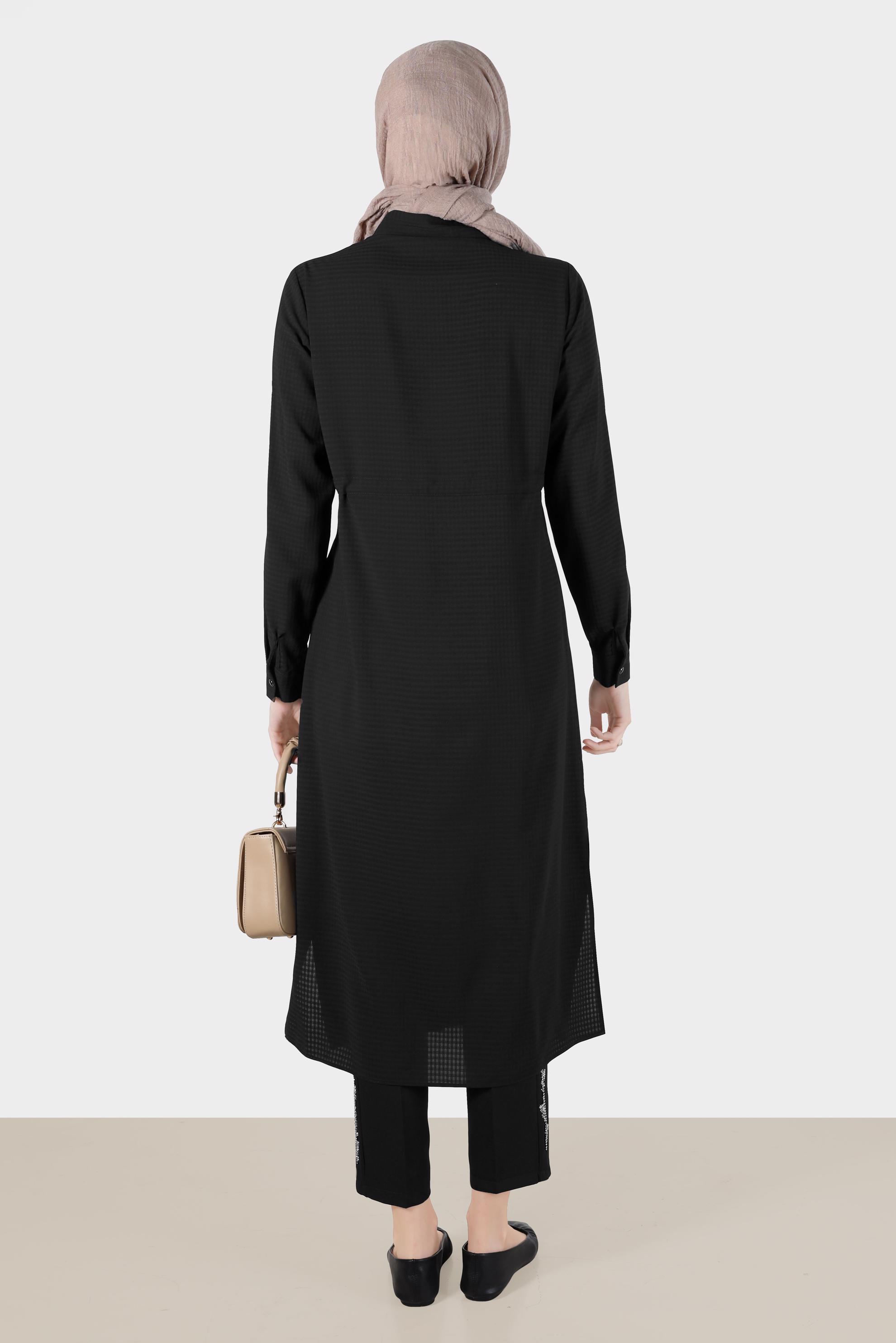 Tesettür giyim SİYAH BELİ BÜZGÜLÜ TUNİK 42785-1