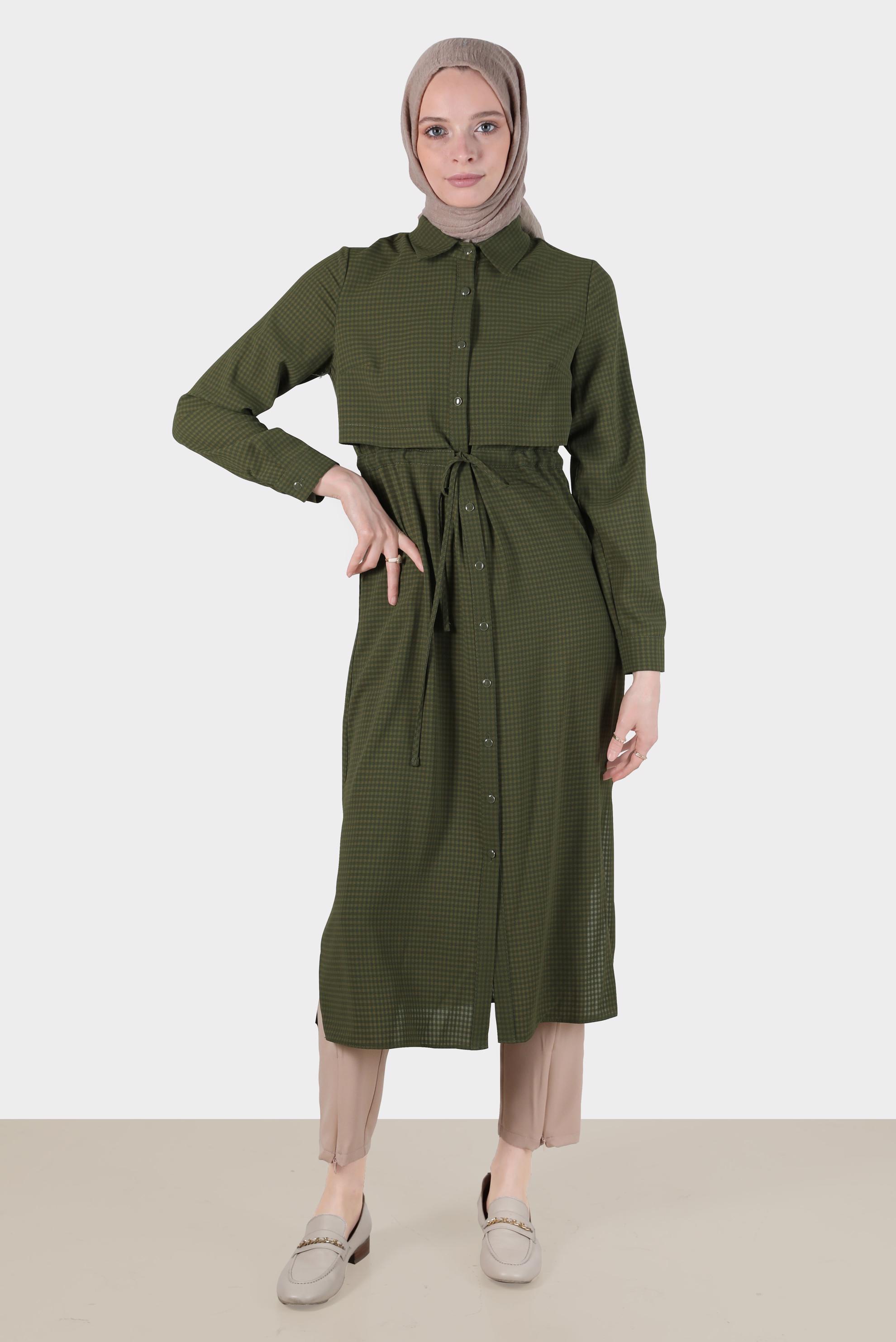 Tesettür giyim HAKİ BELİ BÜZGÜLÜ TUNİK 42785-1