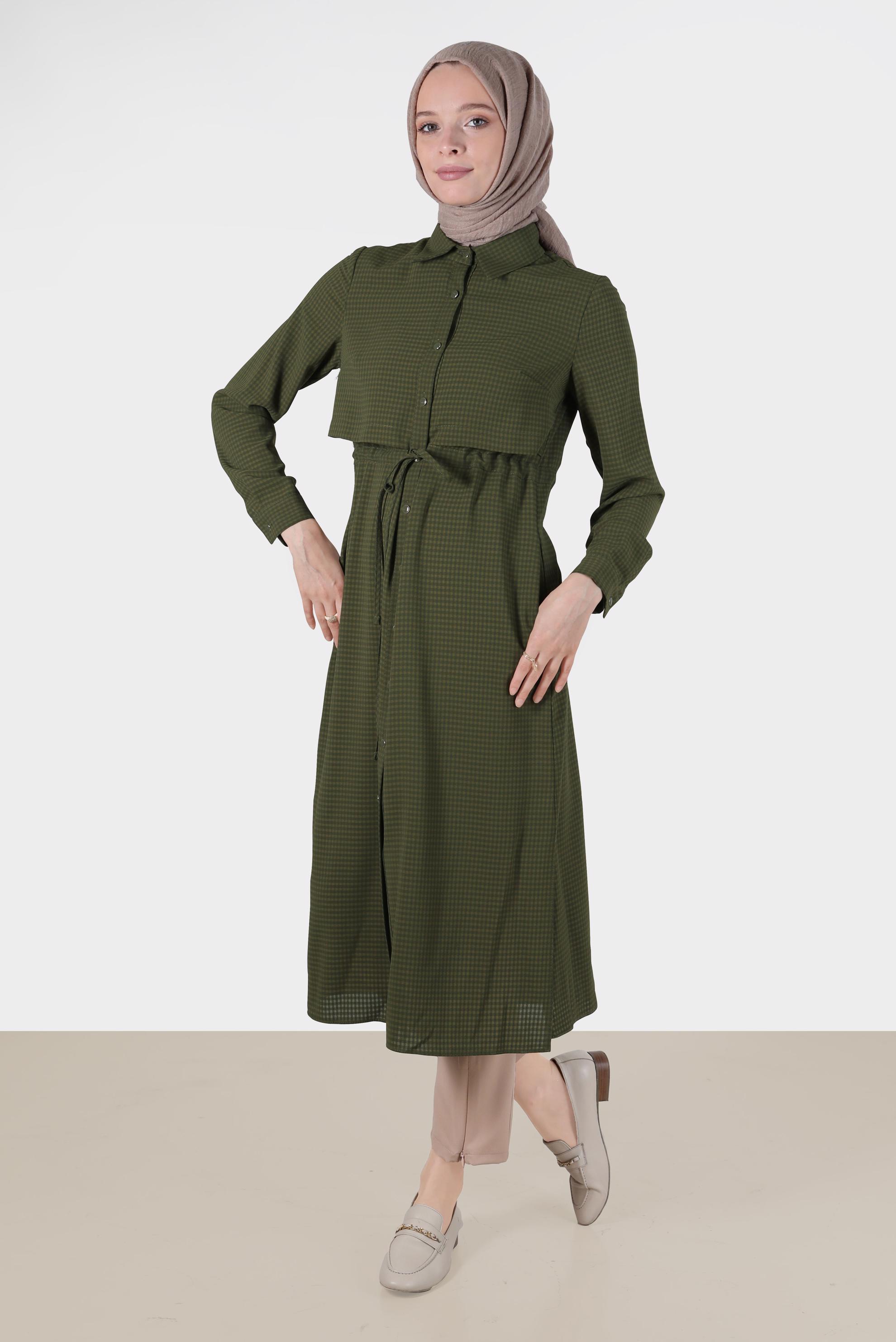 Tesettür giyim HAKİ BELİ BÜZGÜLÜ TUNİK 42785-1