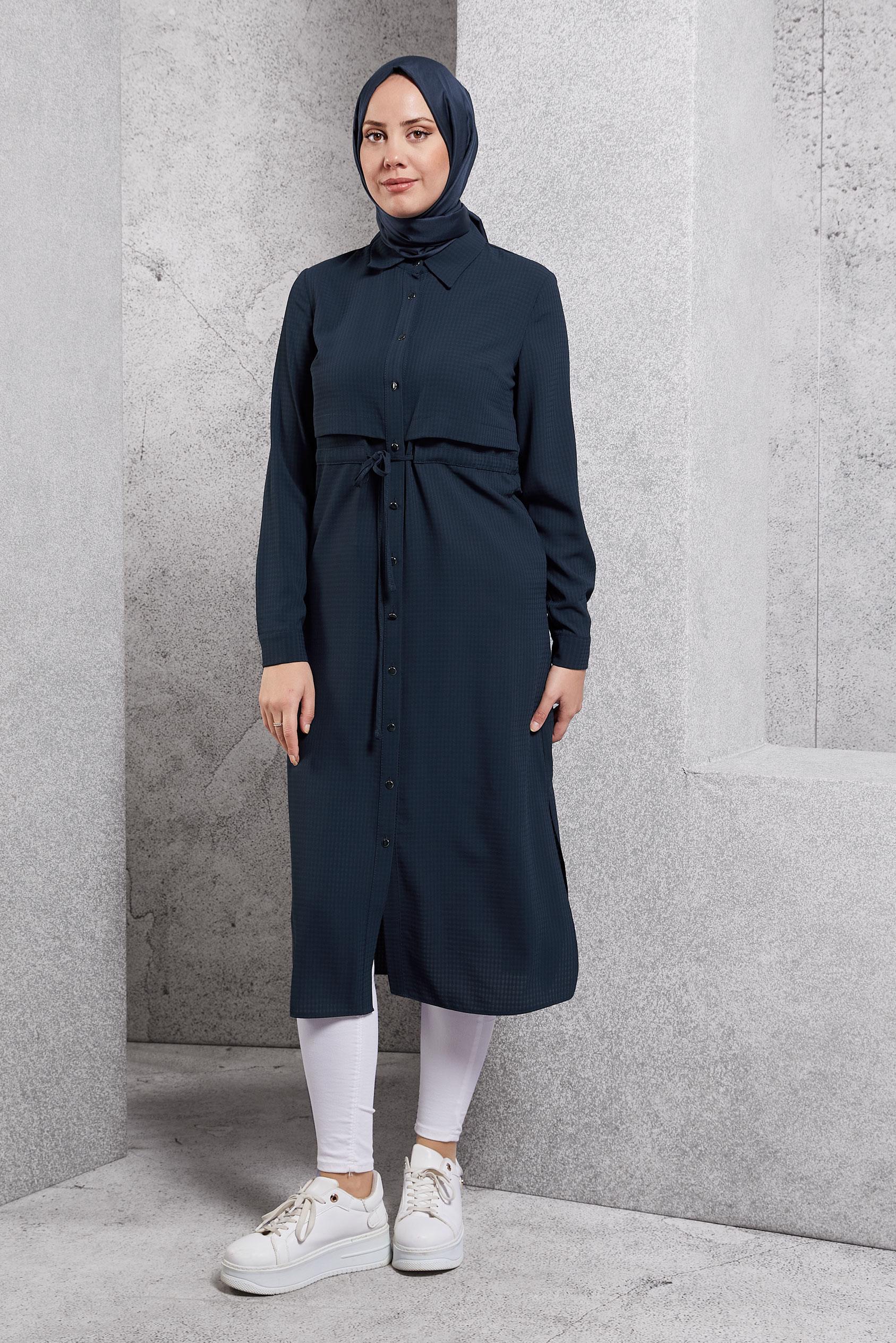 Tesettür giyim LACİVERT BELİ BÜZGÜLÜ TUNİK 42785-1