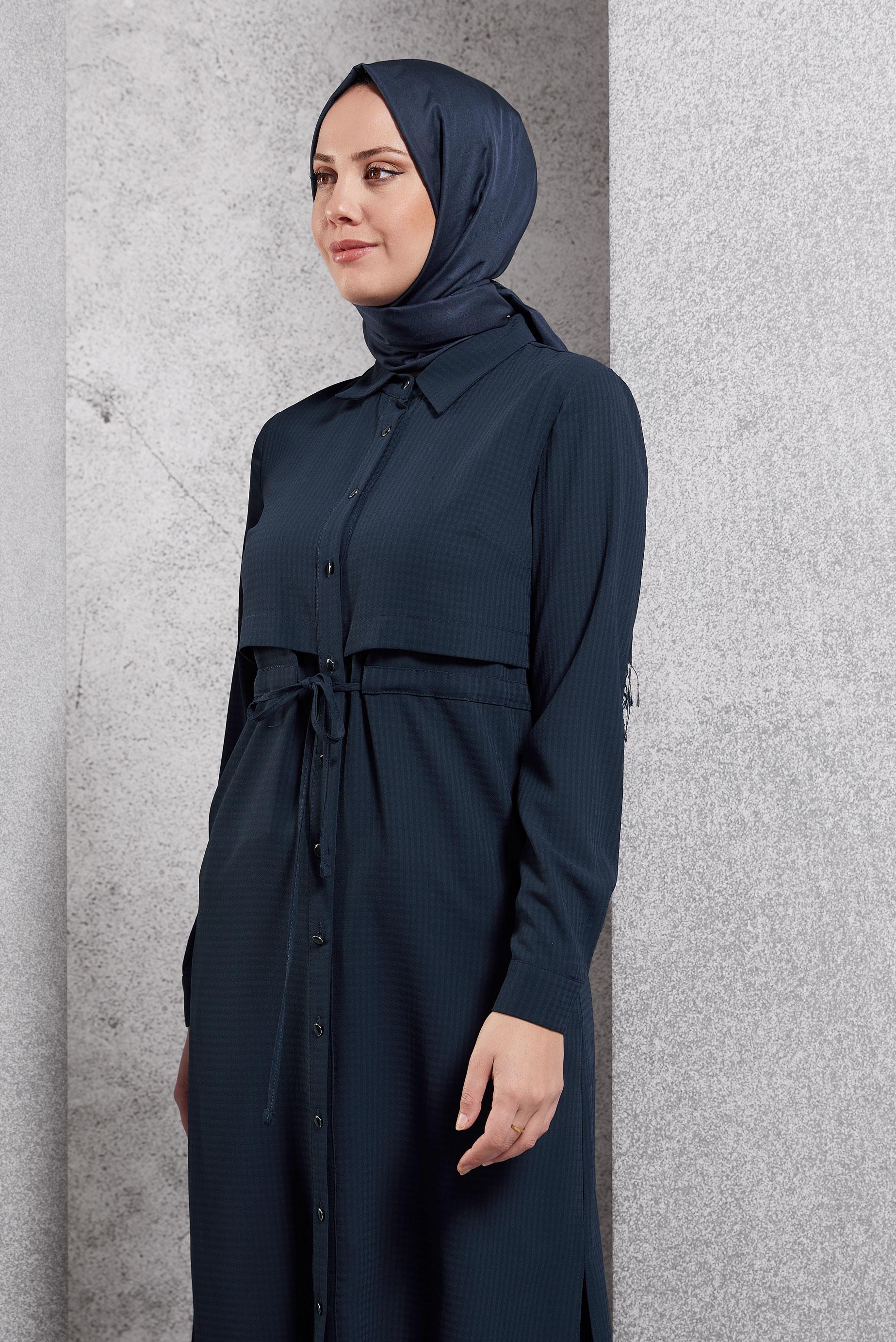 Tesettür giyim LACİVERT BELİ BÜZGÜLÜ TUNİK 42785-1