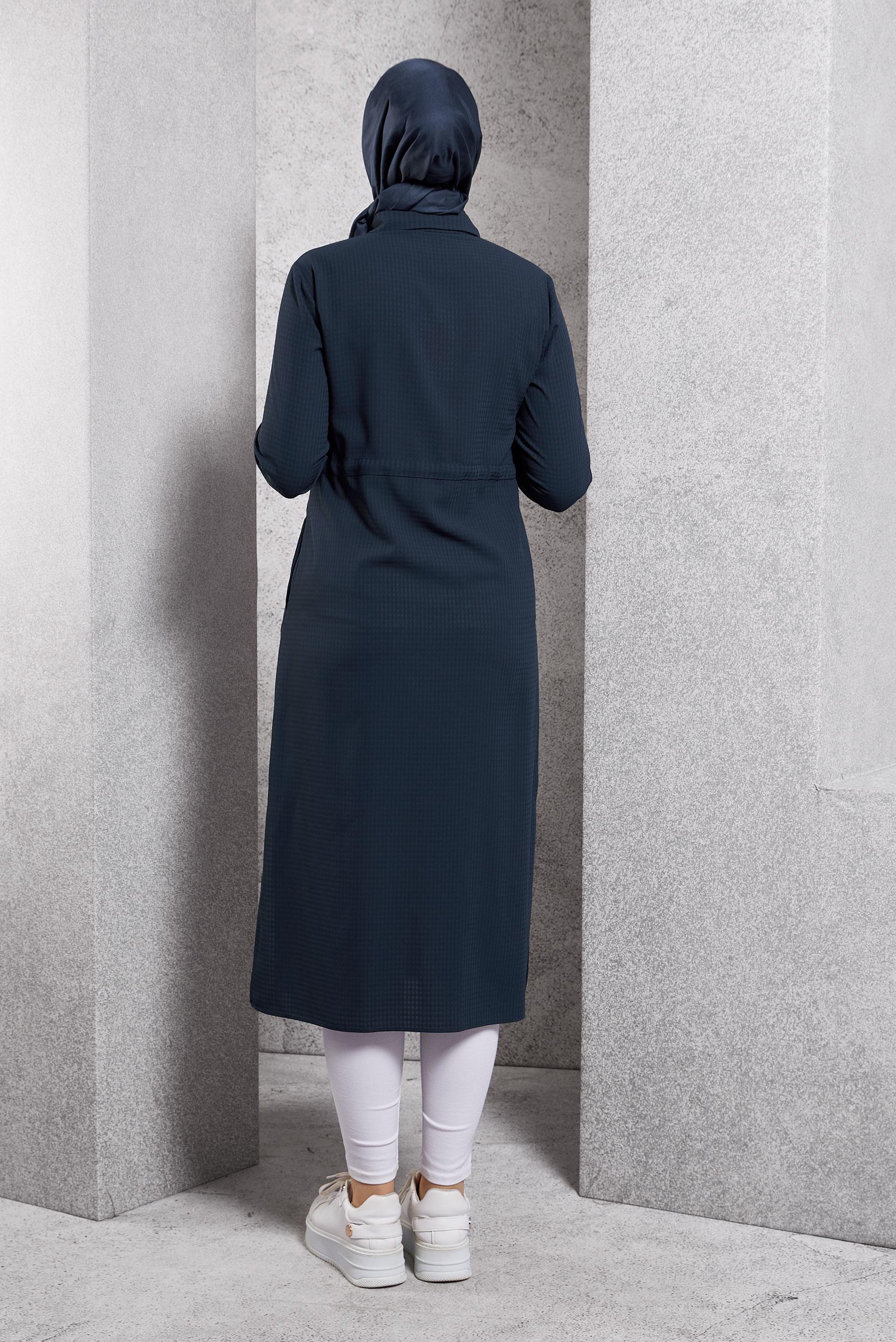 Tesettür giyim LACİVERT BELİ BÜZGÜLÜ TUNİK 42785-1