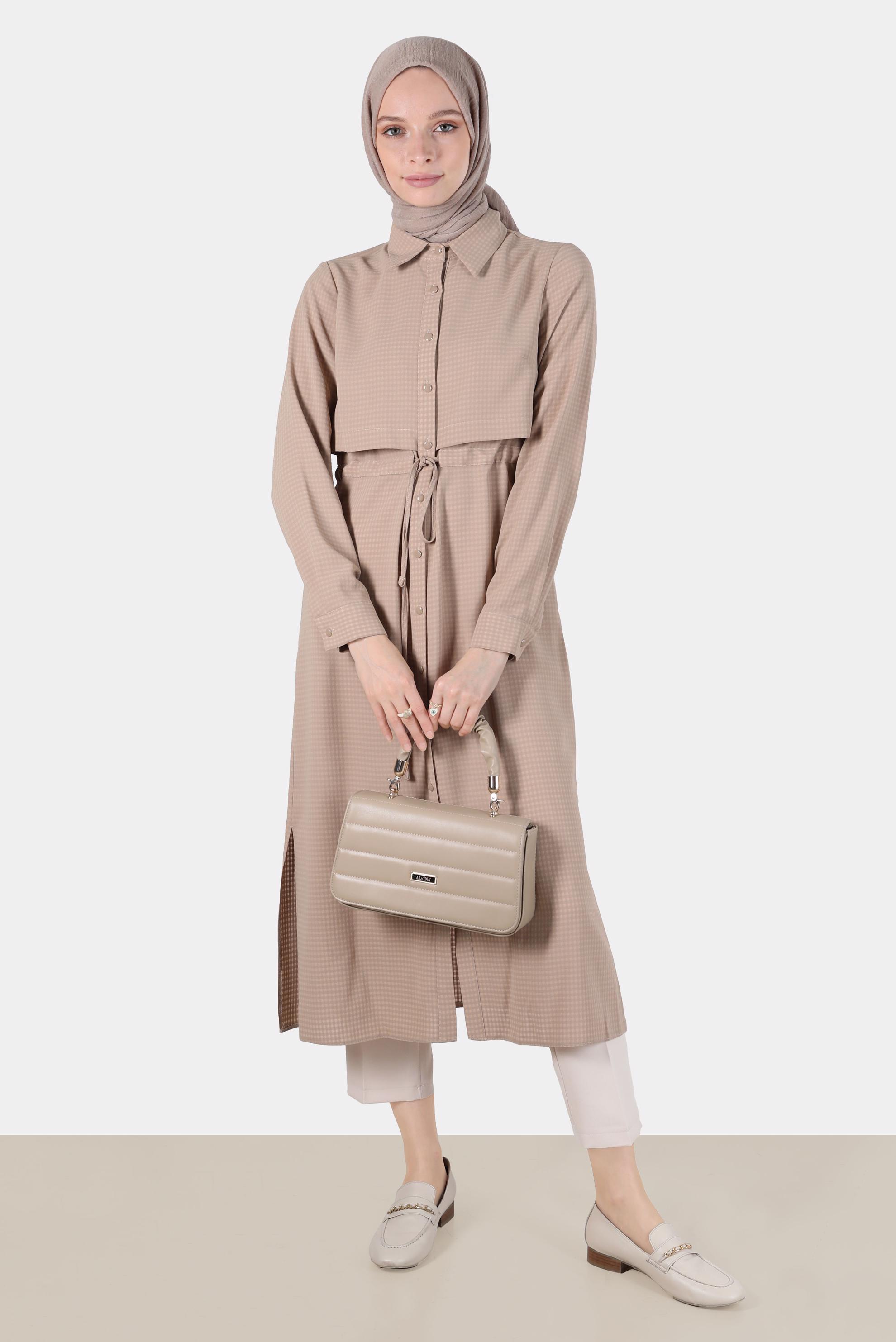 Tesettür giyim KAHVE BELİ BÜZGÜLÜ TUNİK 42785-1