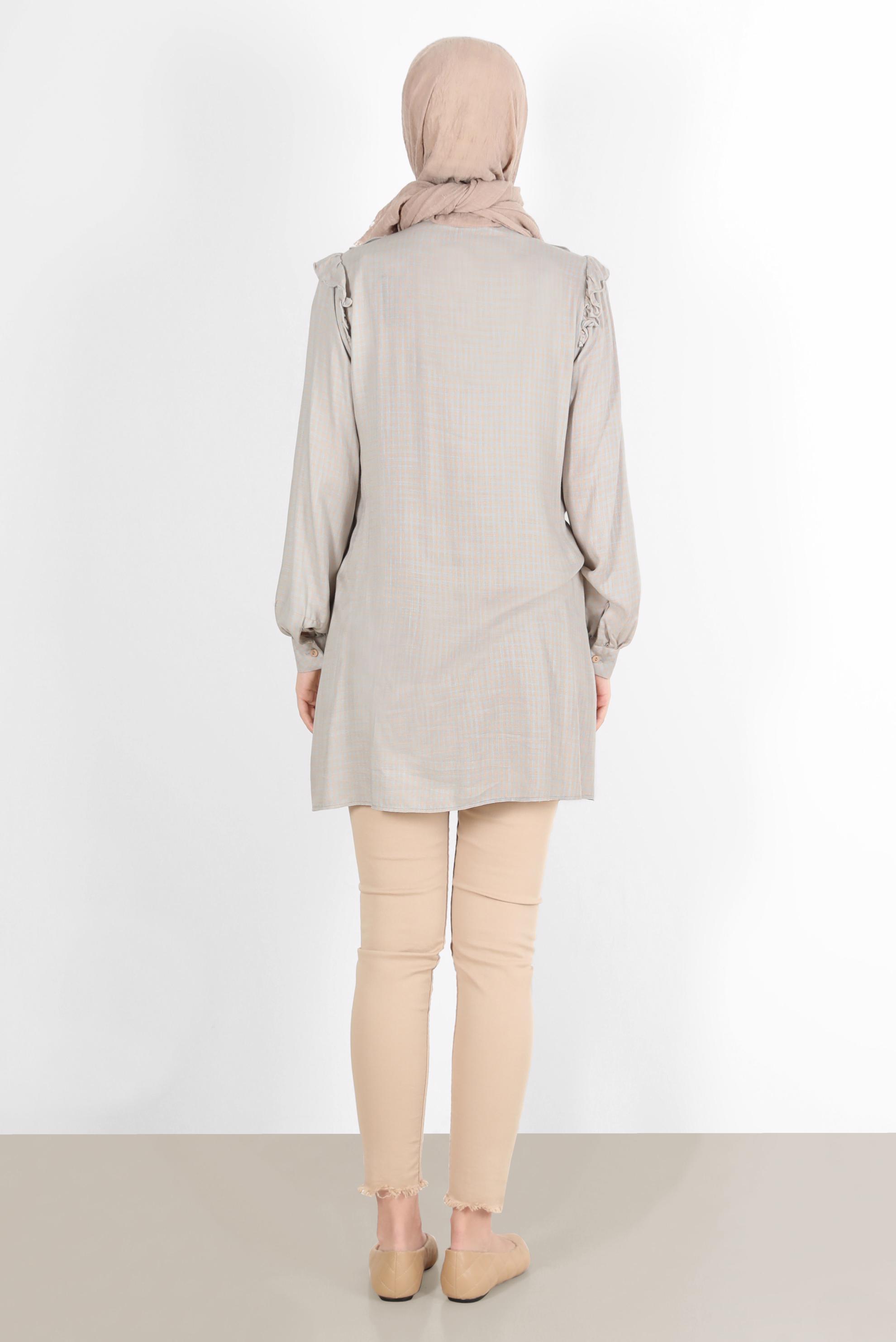 Tesettür giyim BEJ KENDİNDEN DESENLİ NAKIŞLI FIRFIRLI TUNİK 42787 