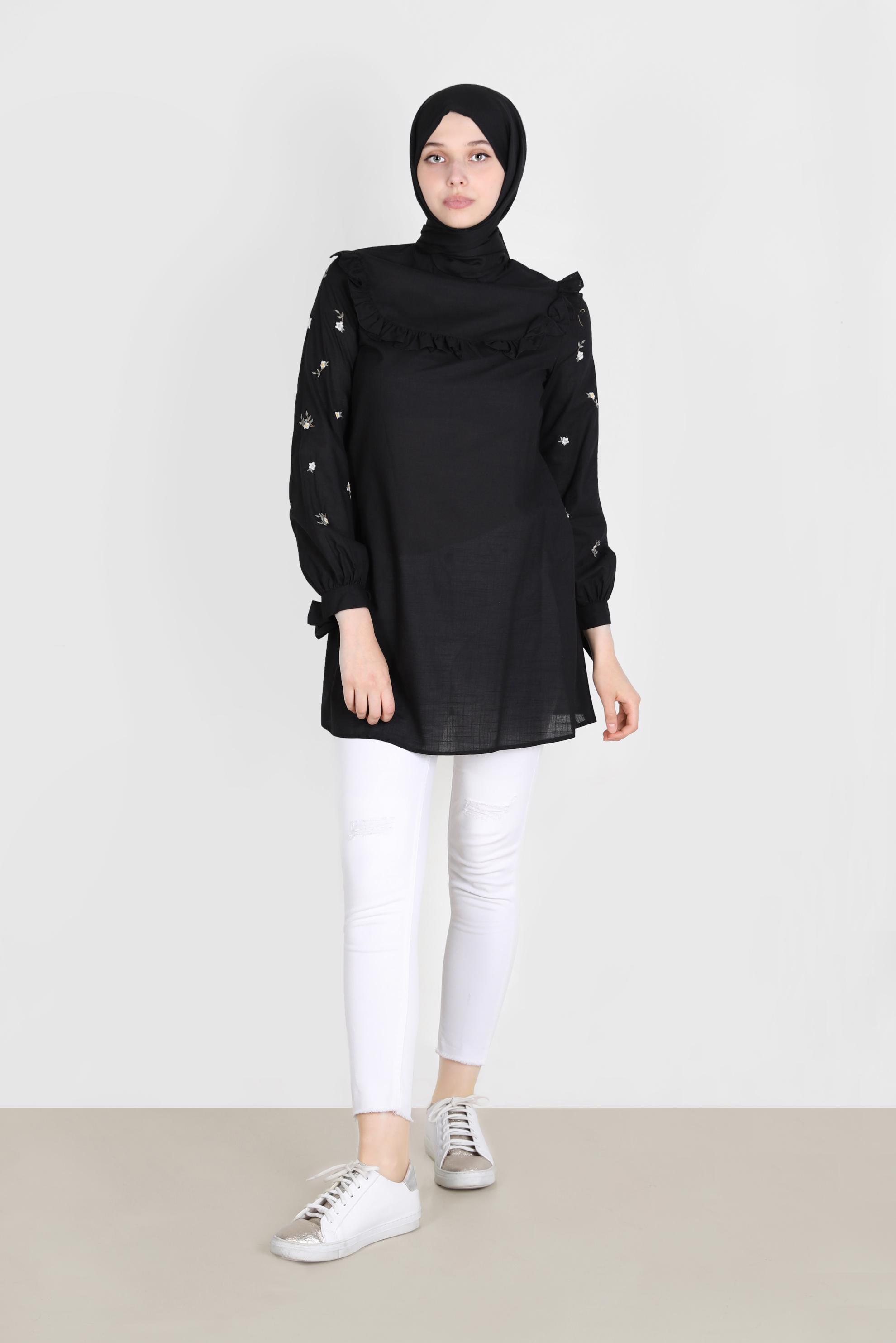 Tesettür giyim SİYAH KOLLARI ÇİÇEKLİ FIRFIRLI TUNİK 42788 