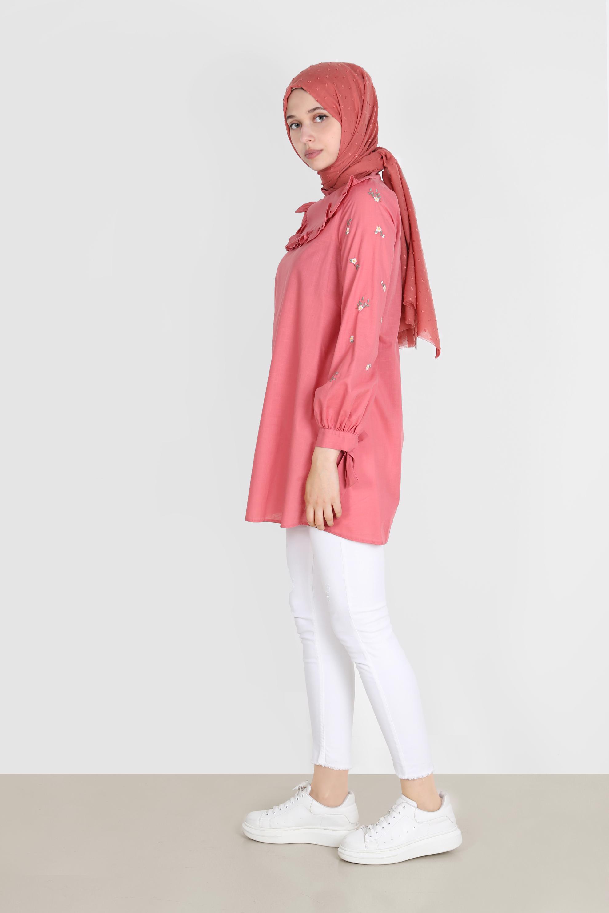 Tesettür giyim MERCAN KOLLARI ÇİÇEKLİ FIRFIRLI TUNİK 42788 