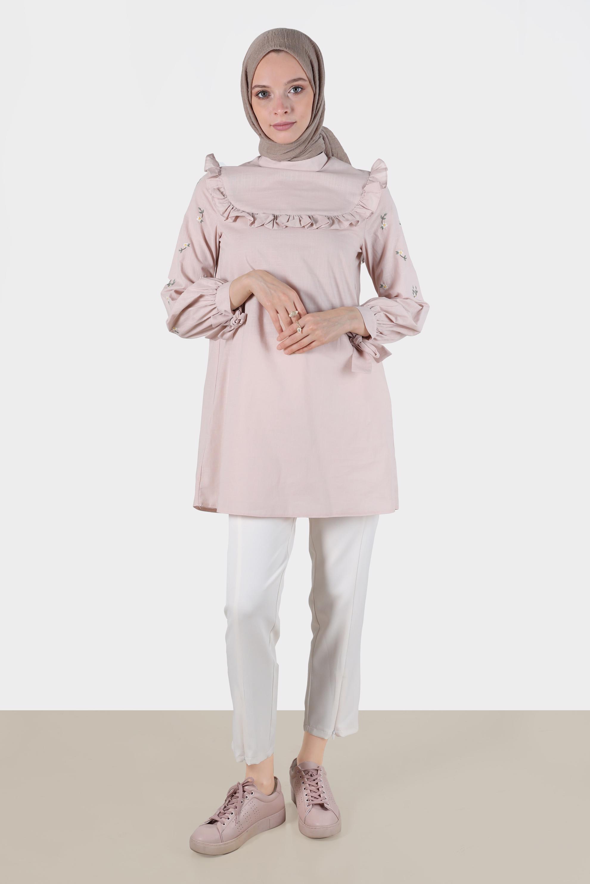 Tesettür giyim PUDRA KOLLARI ÇİÇEKLİ FIRFIRLI TUNİK 42788 