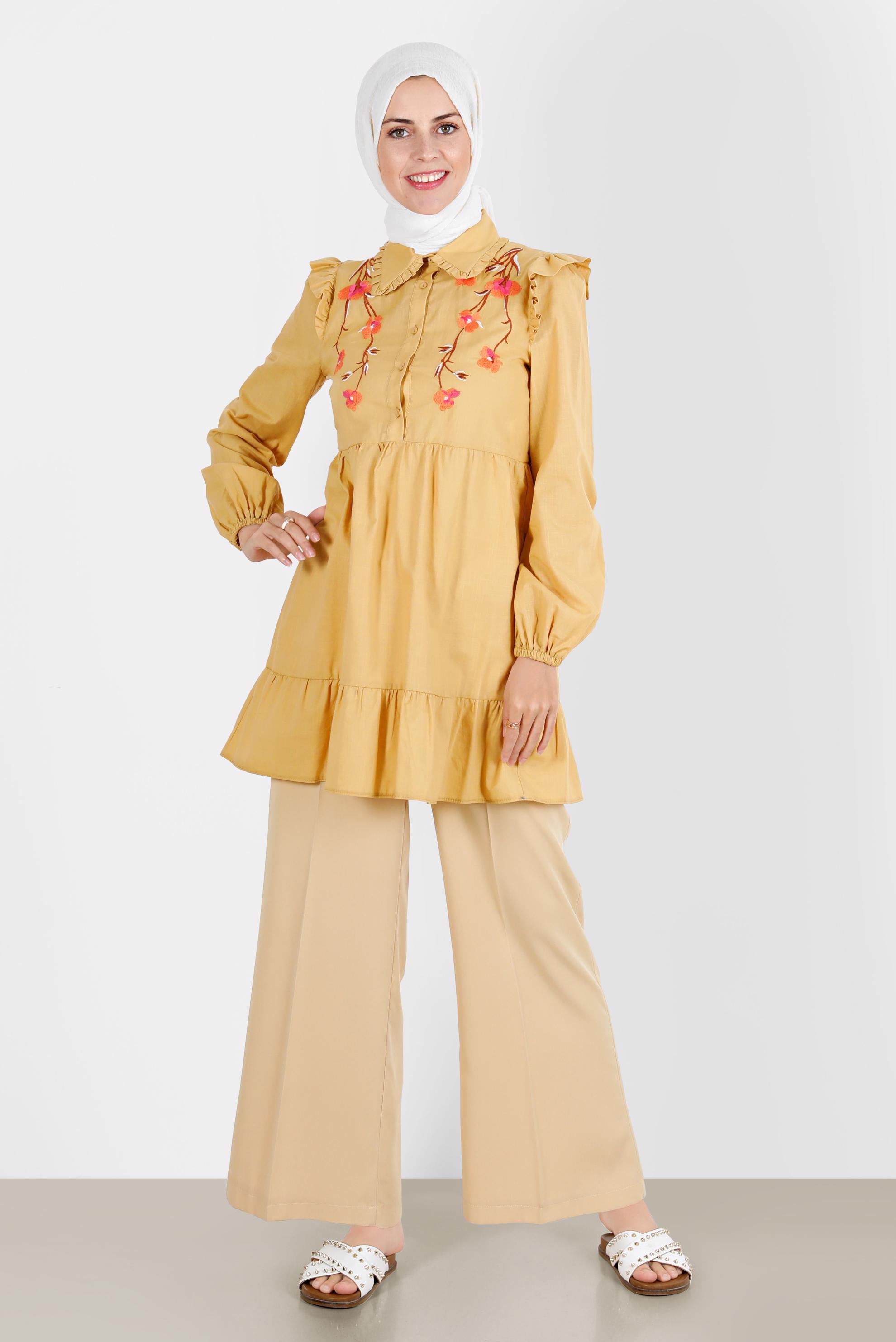Tesettür giyim SARI ÇİÇEK NAKIŞLI PAMUKLU TUNİK 42791 