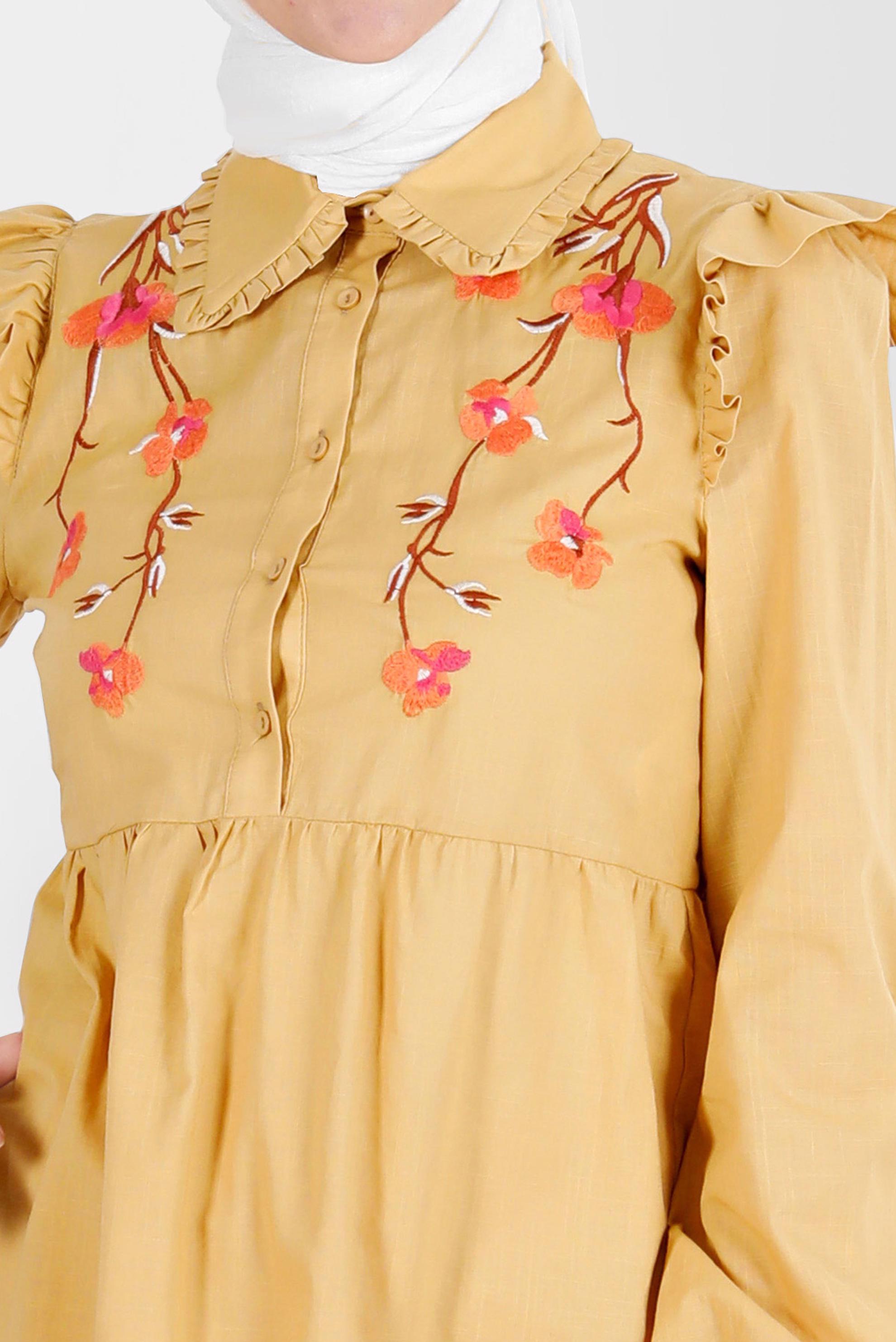 Tesettür giyim SARI ÇİÇEK NAKIŞLI PAMUKLU TUNİK 42791 