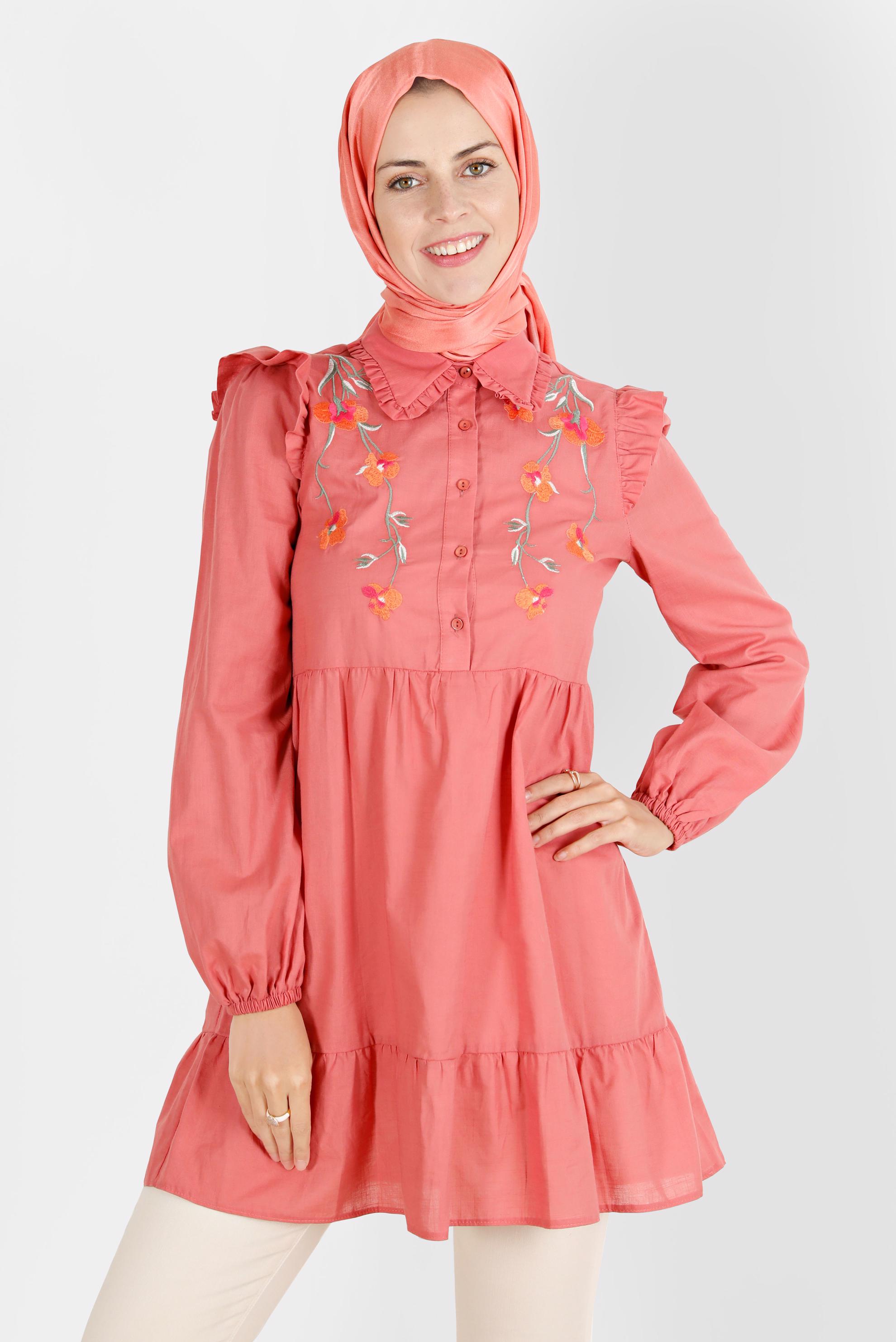 Tesettür giyim MERCAN ÇİÇEK NAKIŞLI PAMUKLU TUNİK 42791 