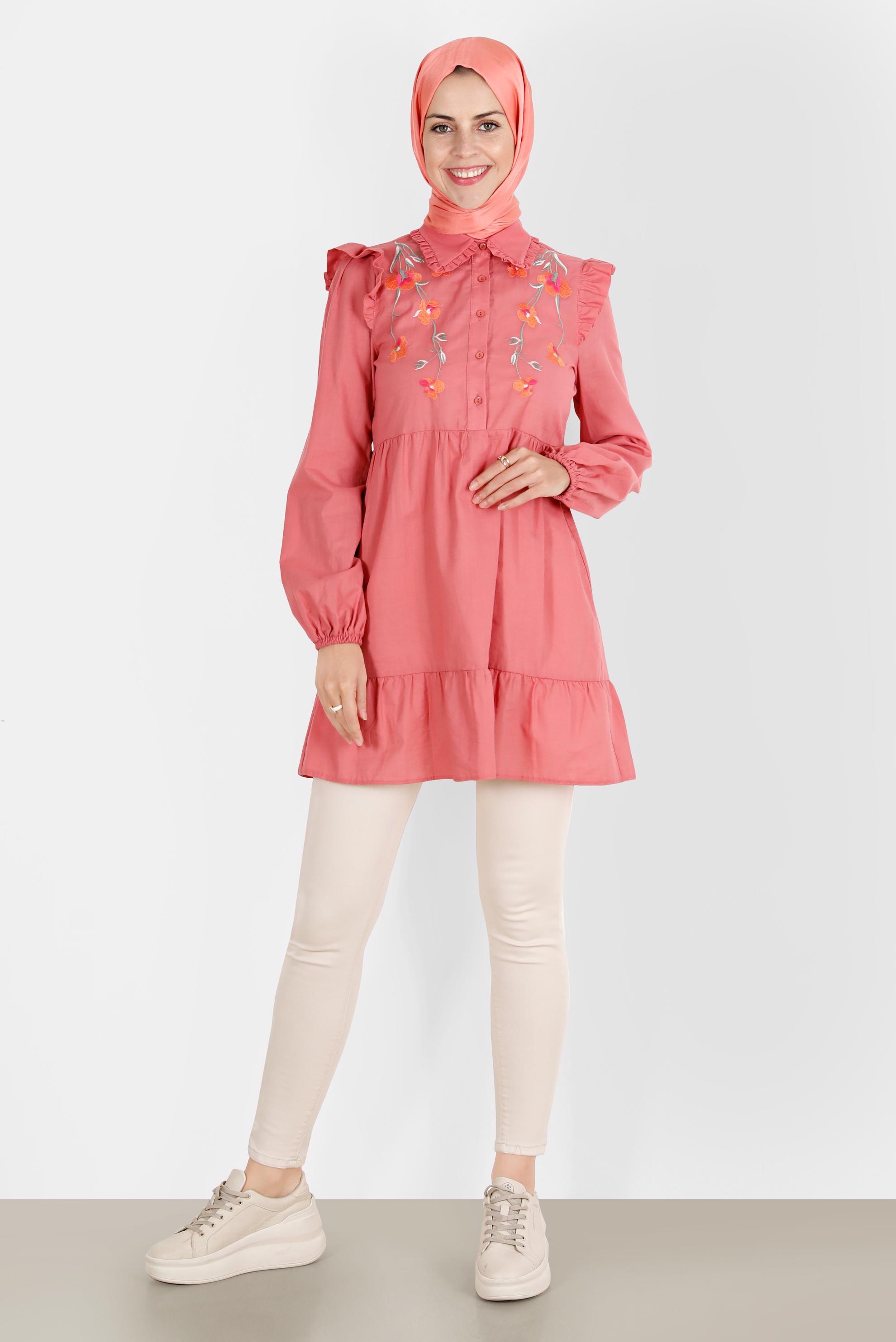 Tesettür giyim MERCAN ÇİÇEK NAKIŞLI PAMUKLU TUNİK 42791 