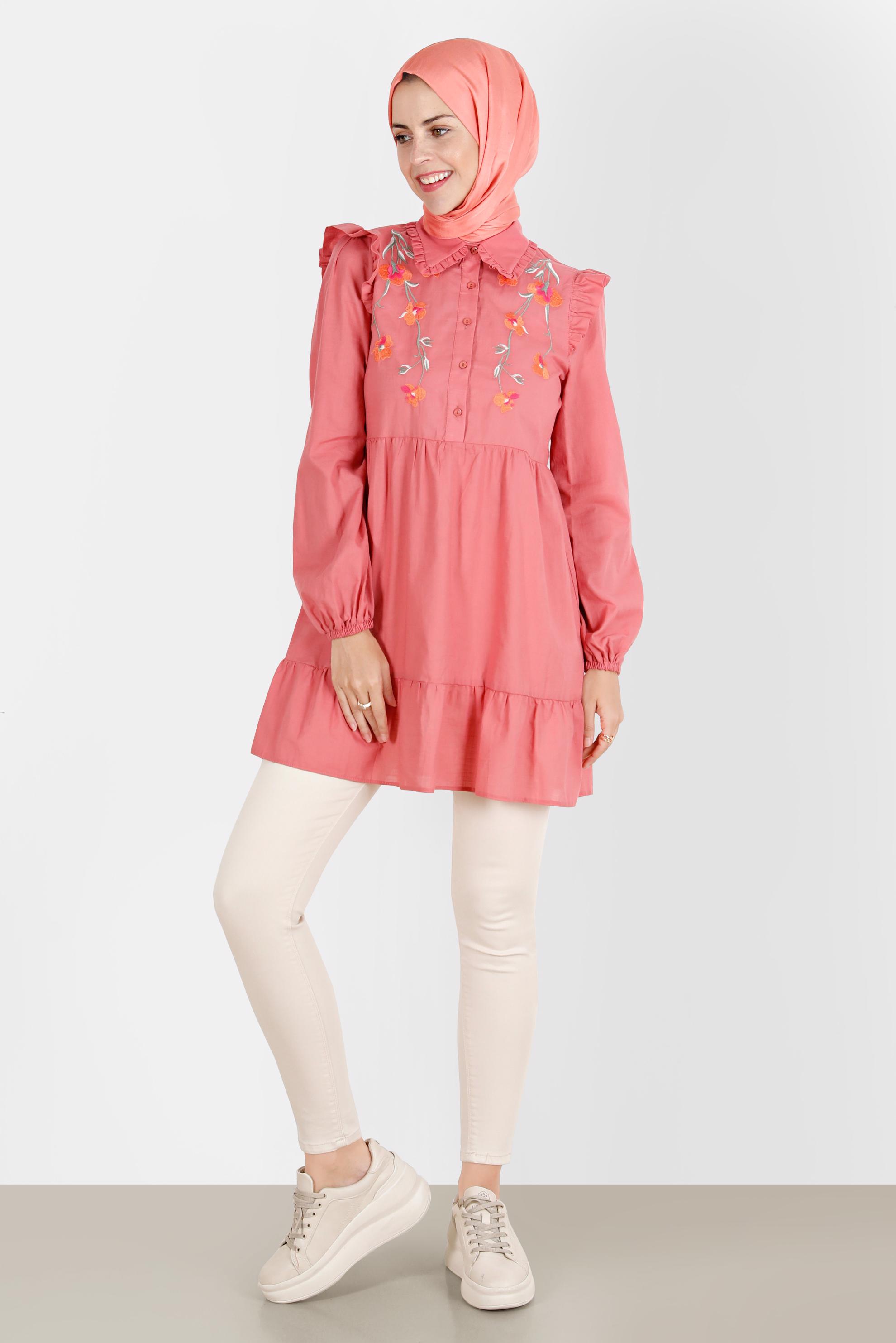 Tesettür giyim MERCAN ÇİÇEK NAKIŞLI PAMUKLU TUNİK 42791 