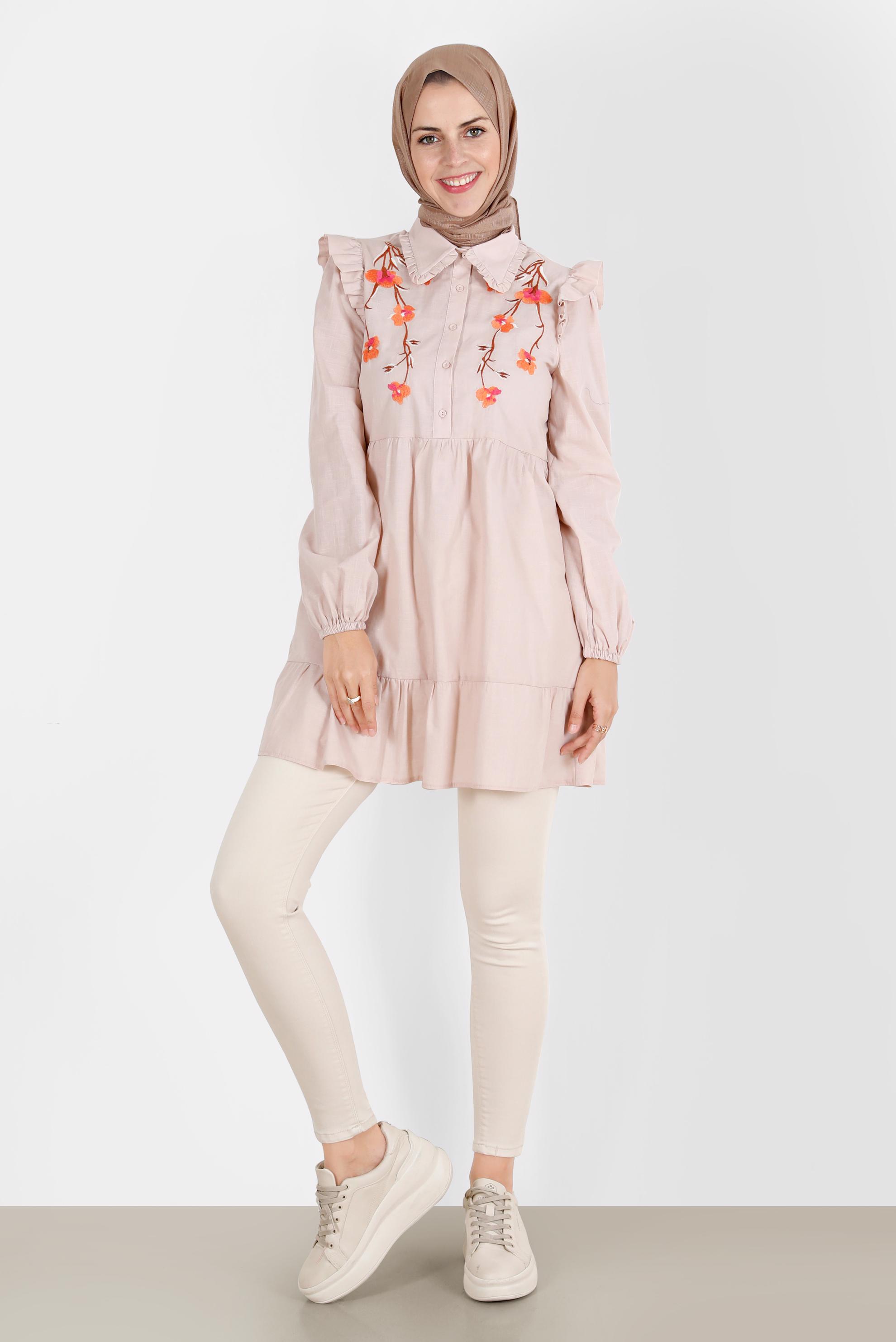 Tesettür giyim PUDRA ÇİÇEK NAKIŞLI PAMUKLU TUNİK 42791 