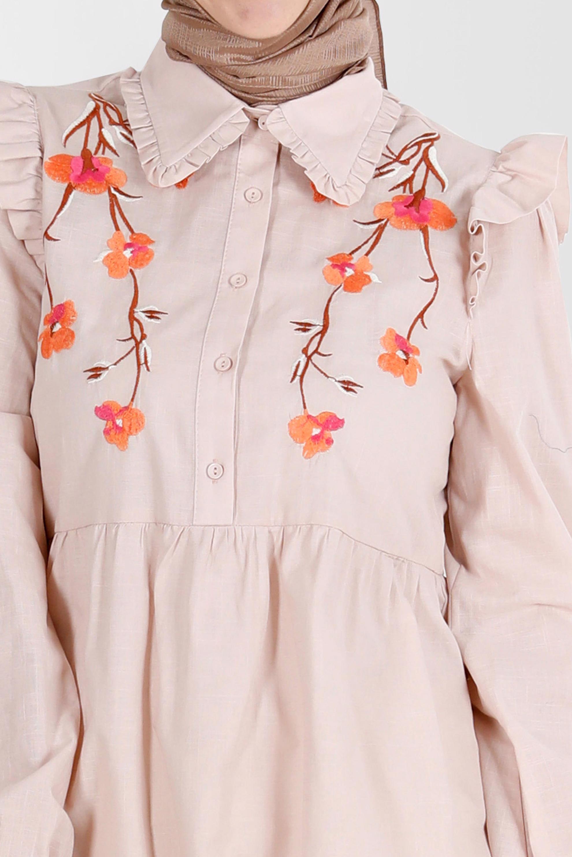 Tesettür giyim PUDRA ÇİÇEK NAKIŞLI PAMUKLU TUNİK 42791 