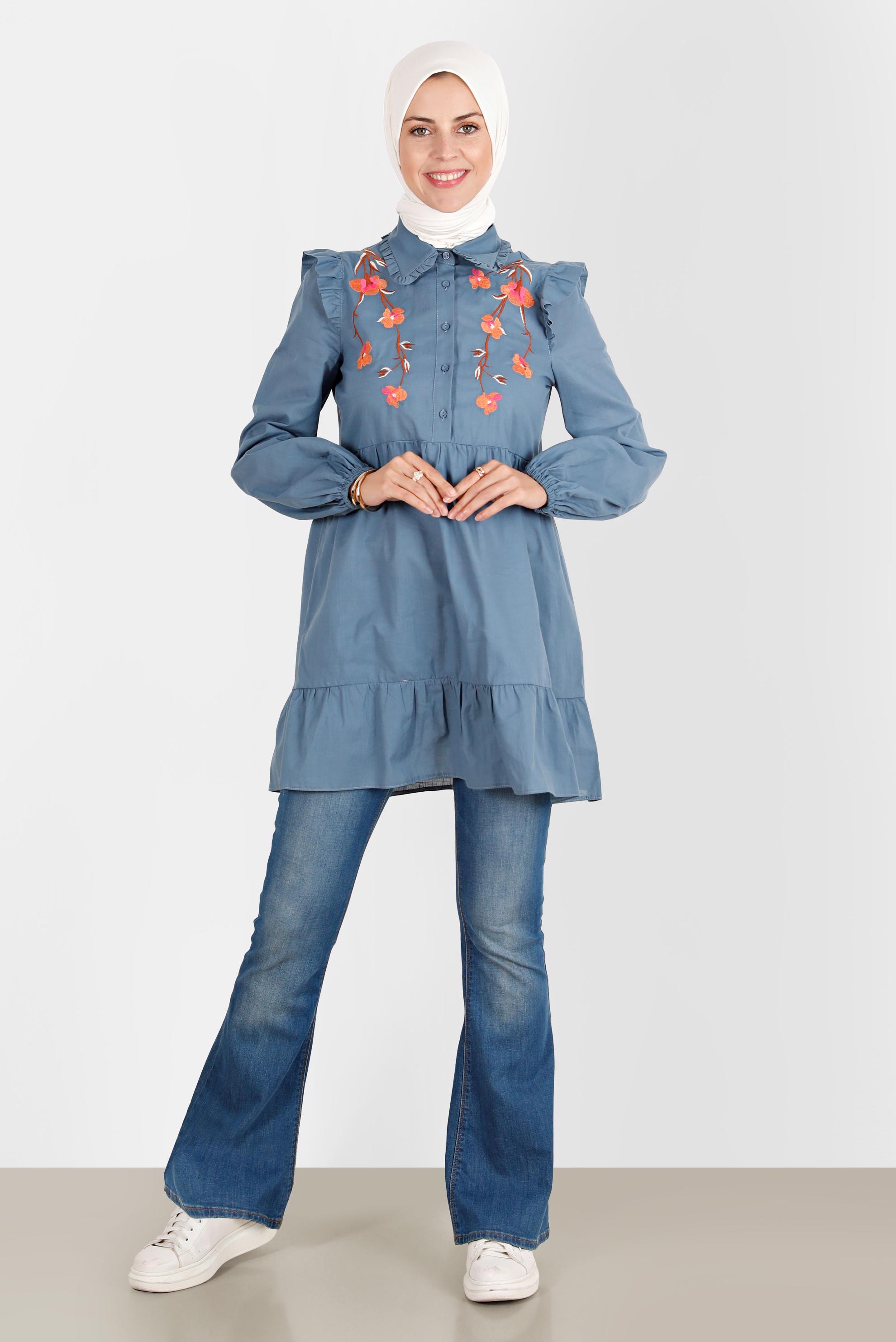 Tesettür giyim LACİVERT ÇİÇEK NAKIŞLI PAMUKLU TUNİK 42791 