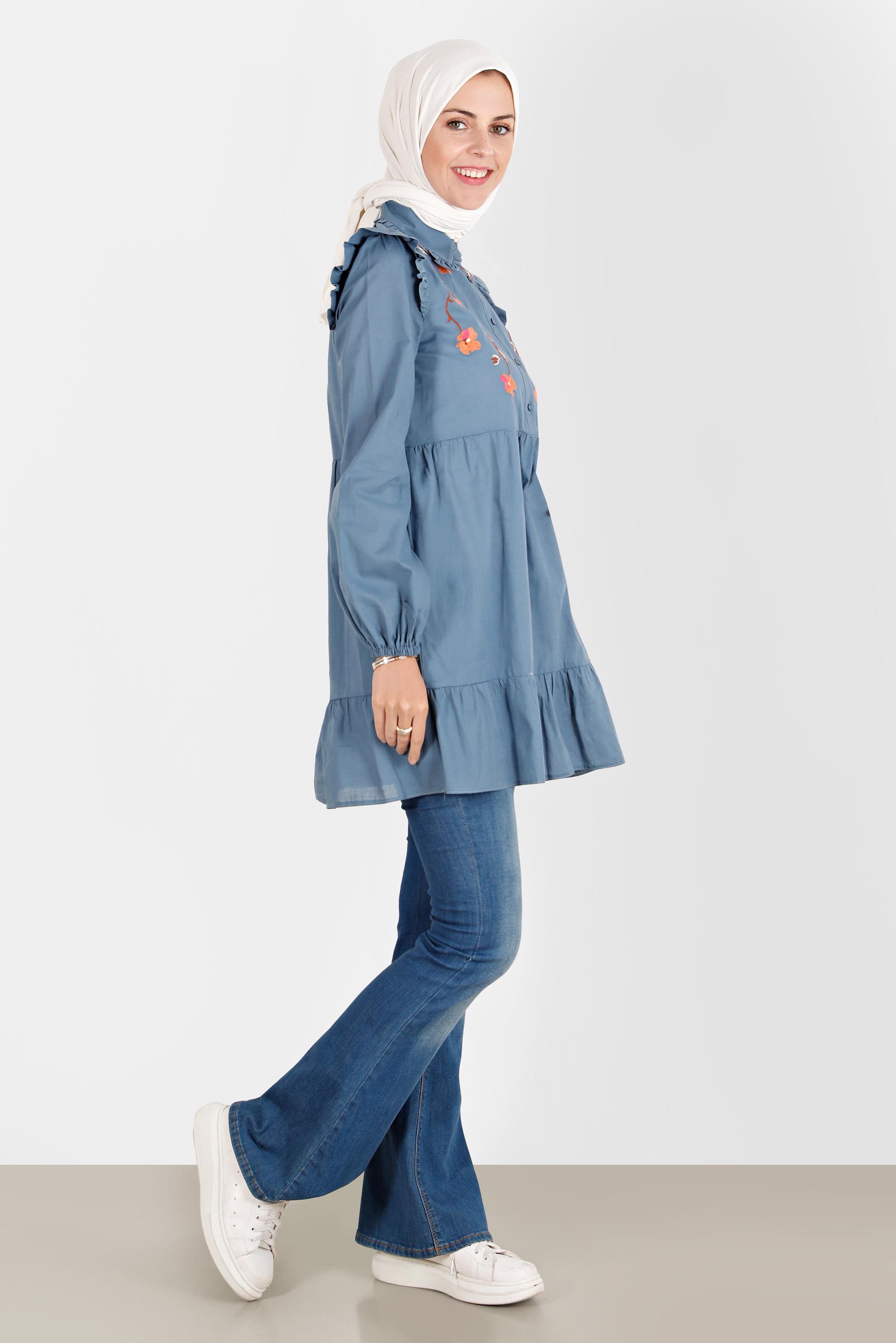 Tesettür giyim LACİVERT ÇİÇEK NAKIŞLI PAMUKLU TUNİK 42791 
