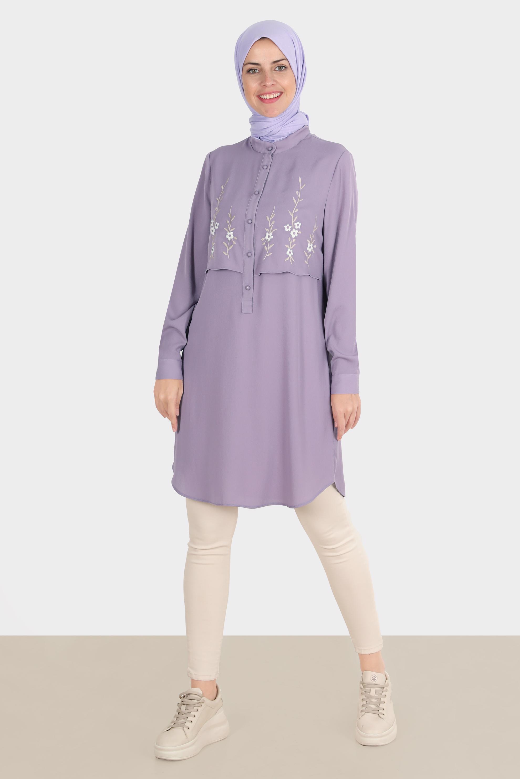 Tesettür giyim MOR ÇİÇEK NAKIŞLI DÜĞMELİ AEROBİN TUNİK 42797 