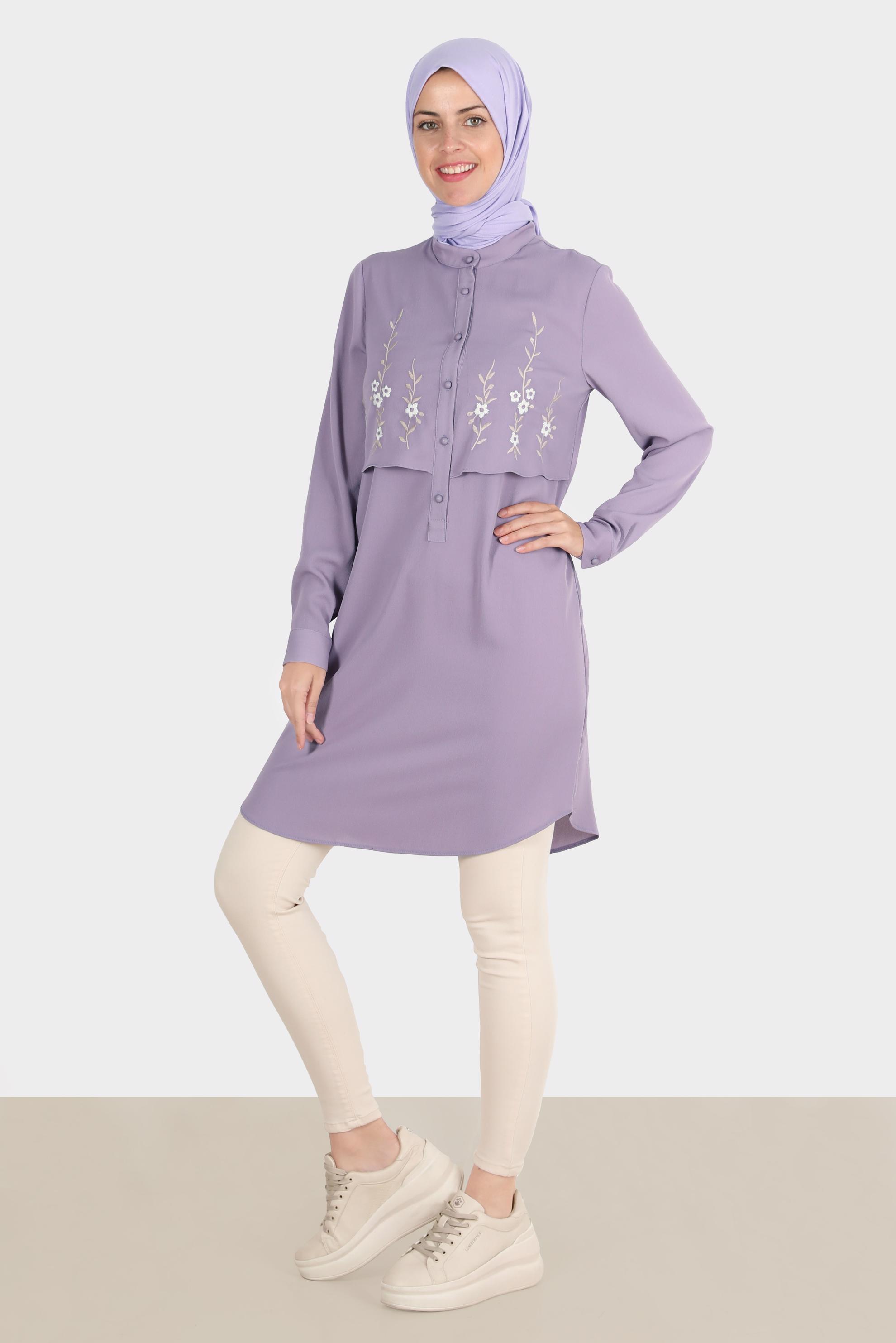 Tesettür giyim MOR ÇİÇEK NAKIŞLI DÜĞMELİ AEROBİN TUNİK 42797 