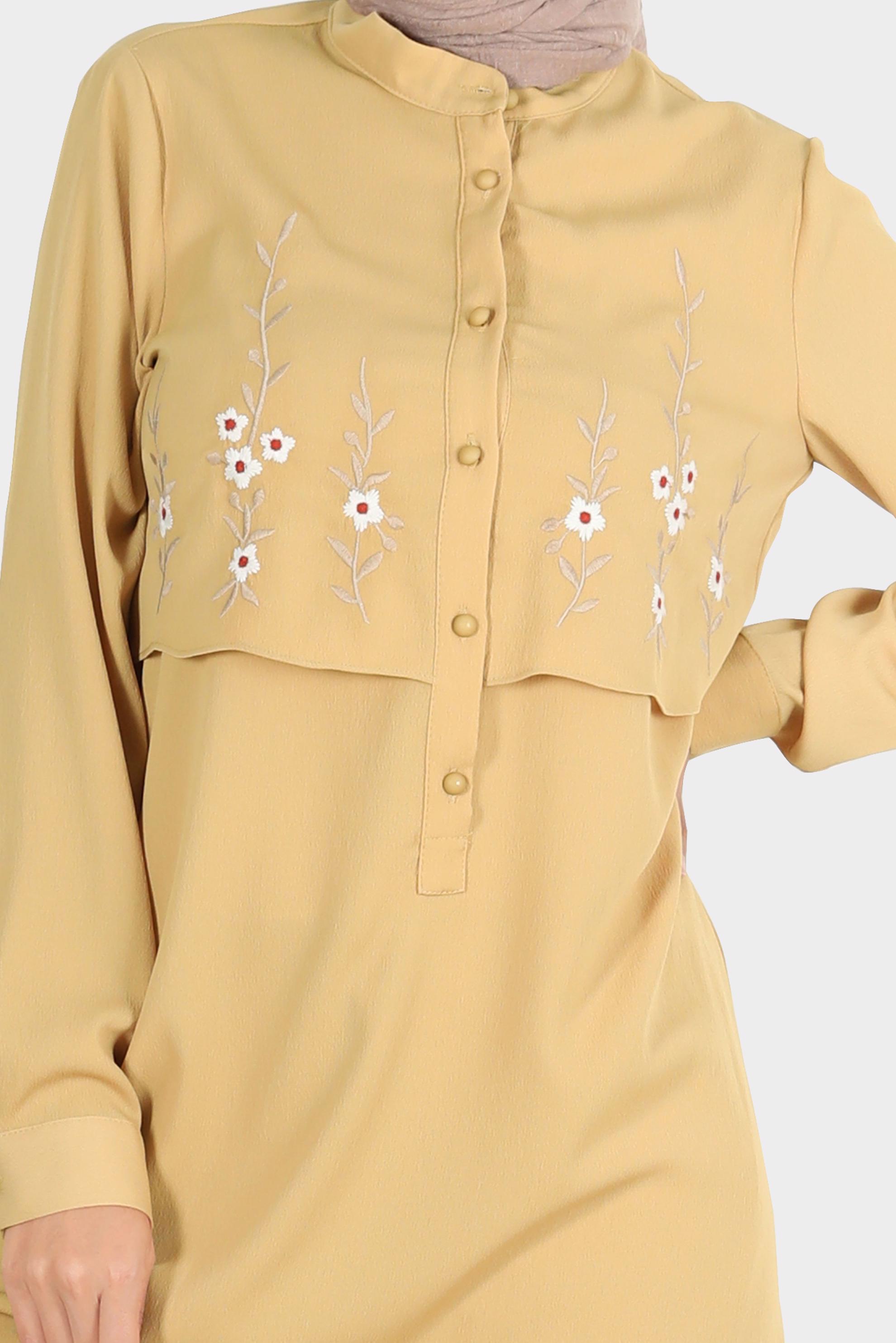 Tesettür giyim SARI ÇİÇEK NAKIŞLI DÜĞMELİ AEROBİN TUNİK 42797 