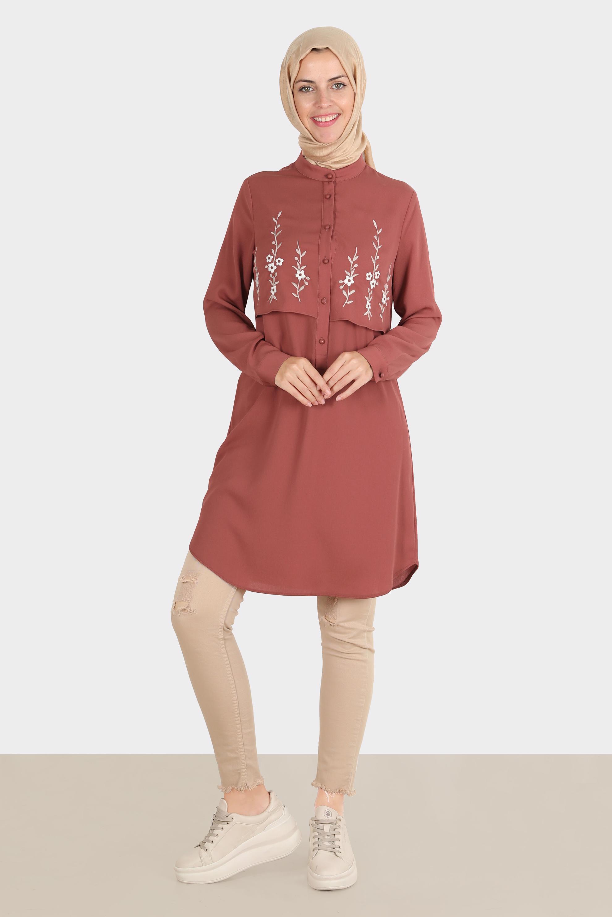 Tesettür giyim TURUNCU ÇİÇEK NAKIŞLI DÜĞMELİ AEROBİN TUNİK 42797 