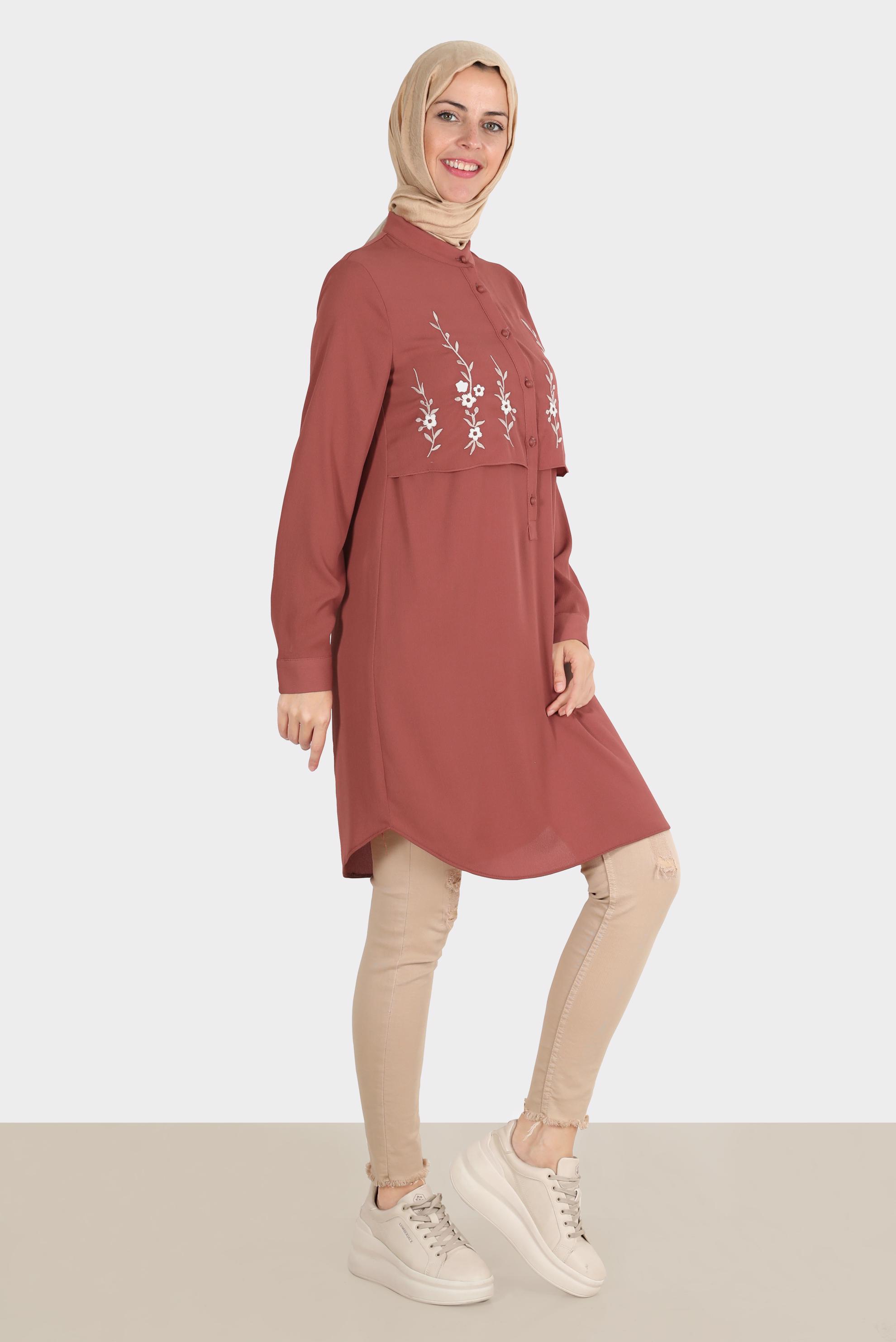 Tesettür giyim TURUNCU ÇİÇEK NAKIŞLI DÜĞMELİ AEROBİN TUNİK 42797 