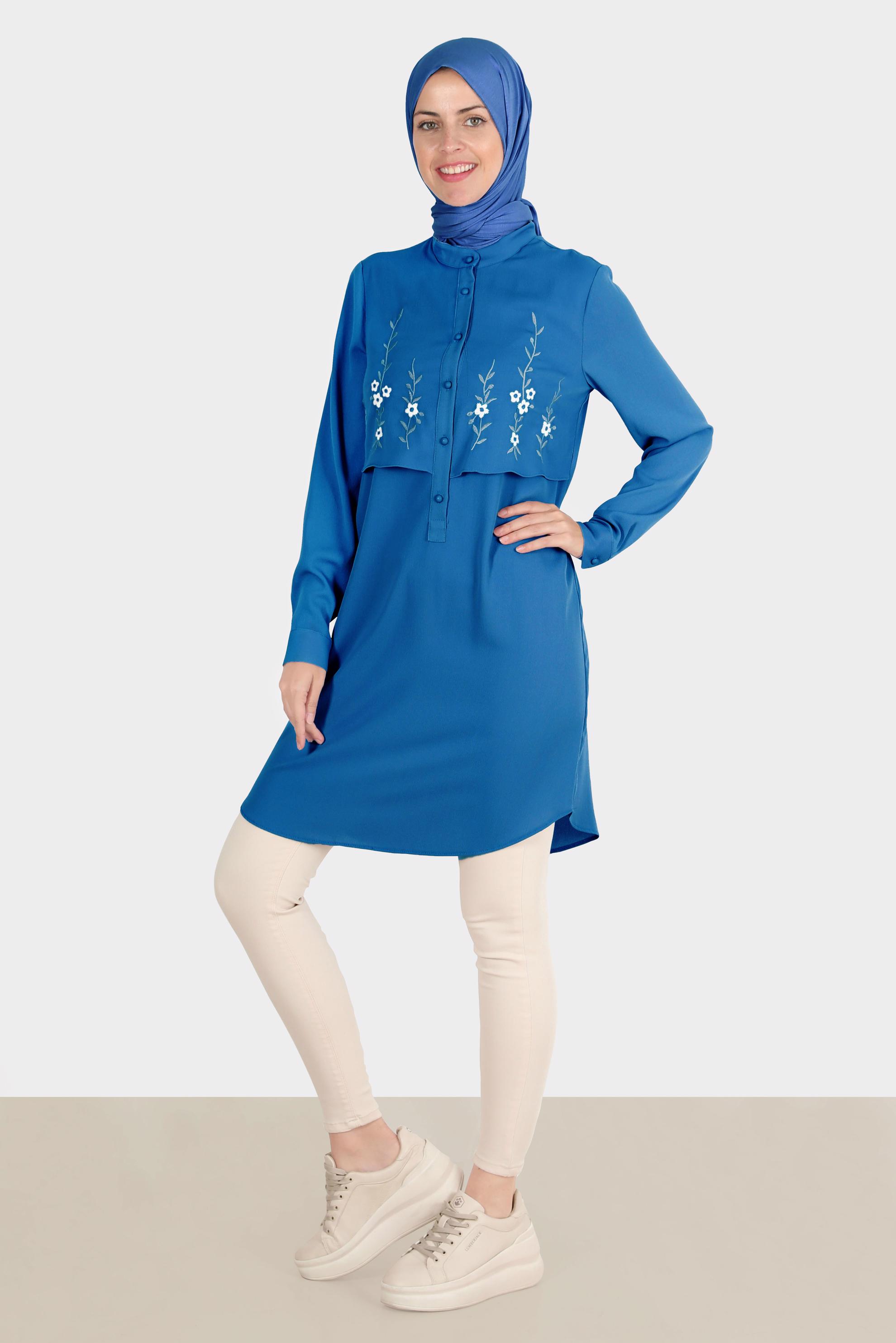 Hijab clothing NAVY BLUE FLOWER EMBROIDERED BUTTONED TUNIC 42797 