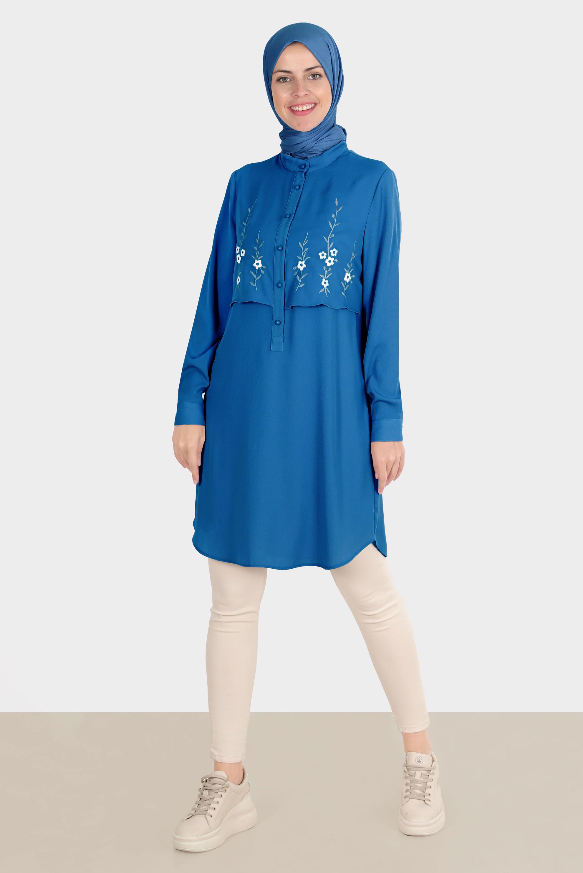 Hijab clothing NAVY BLUE FLOWER EMBROIDERED BUTTONED TUNIC 42797 