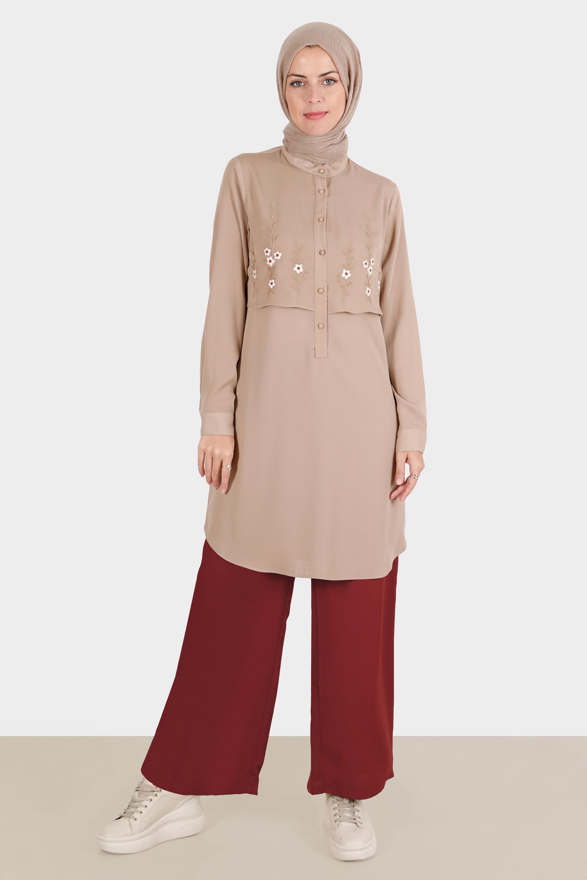 Tesettür giyim VİZON ÇİÇEK NAKIŞLI DÜĞMELİ AEROBİN TUNİK 42797 